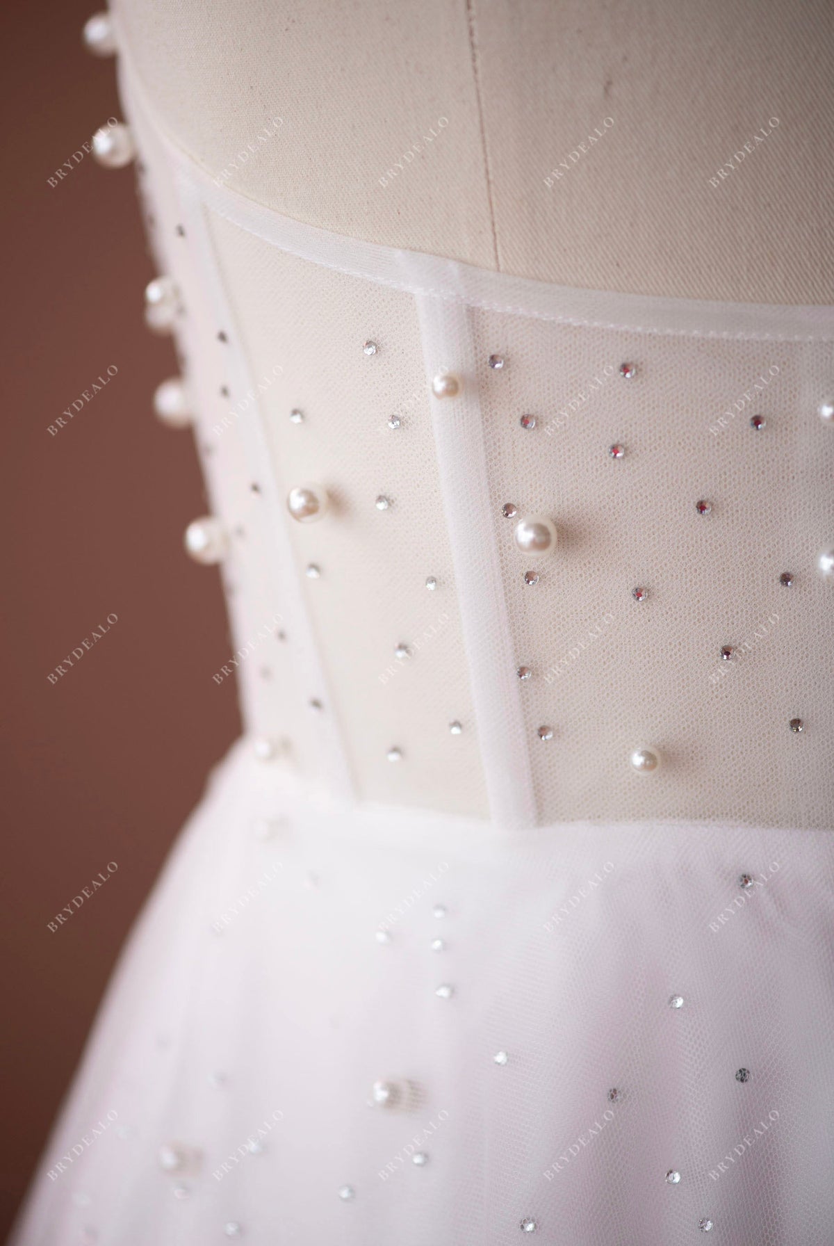 Sparkly Pearl Rhinestone Tulle Strapless Illusion Corset Bridal Gown