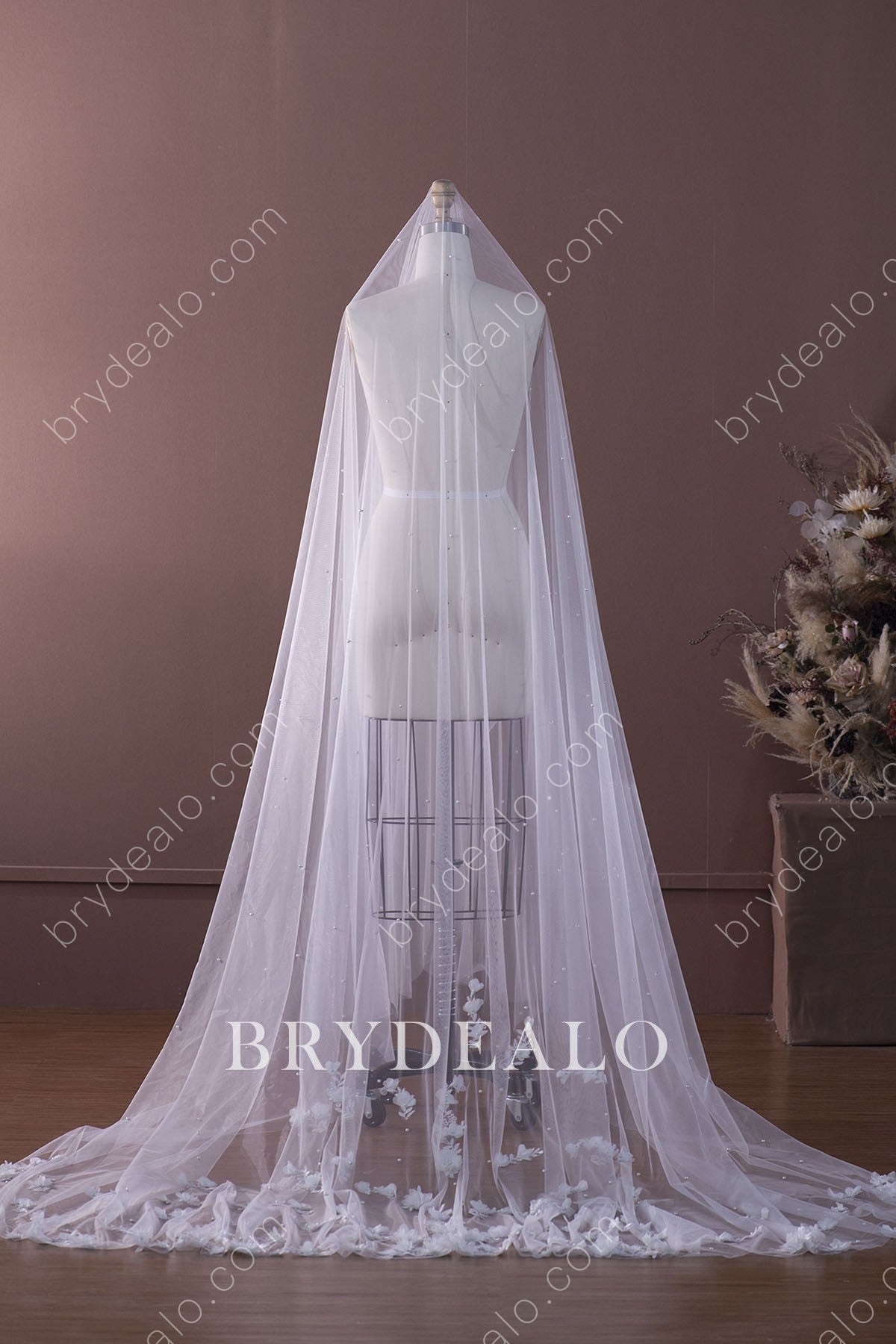 romantic pearls 3D flower chapel length bridal veil