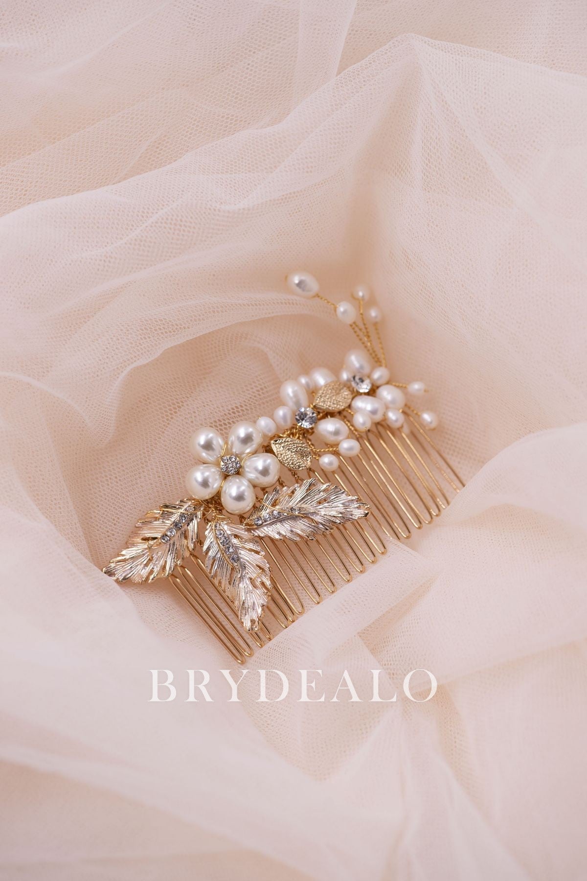 High-end Pearls Elegant Gold Leaf Bridal Hair Comb