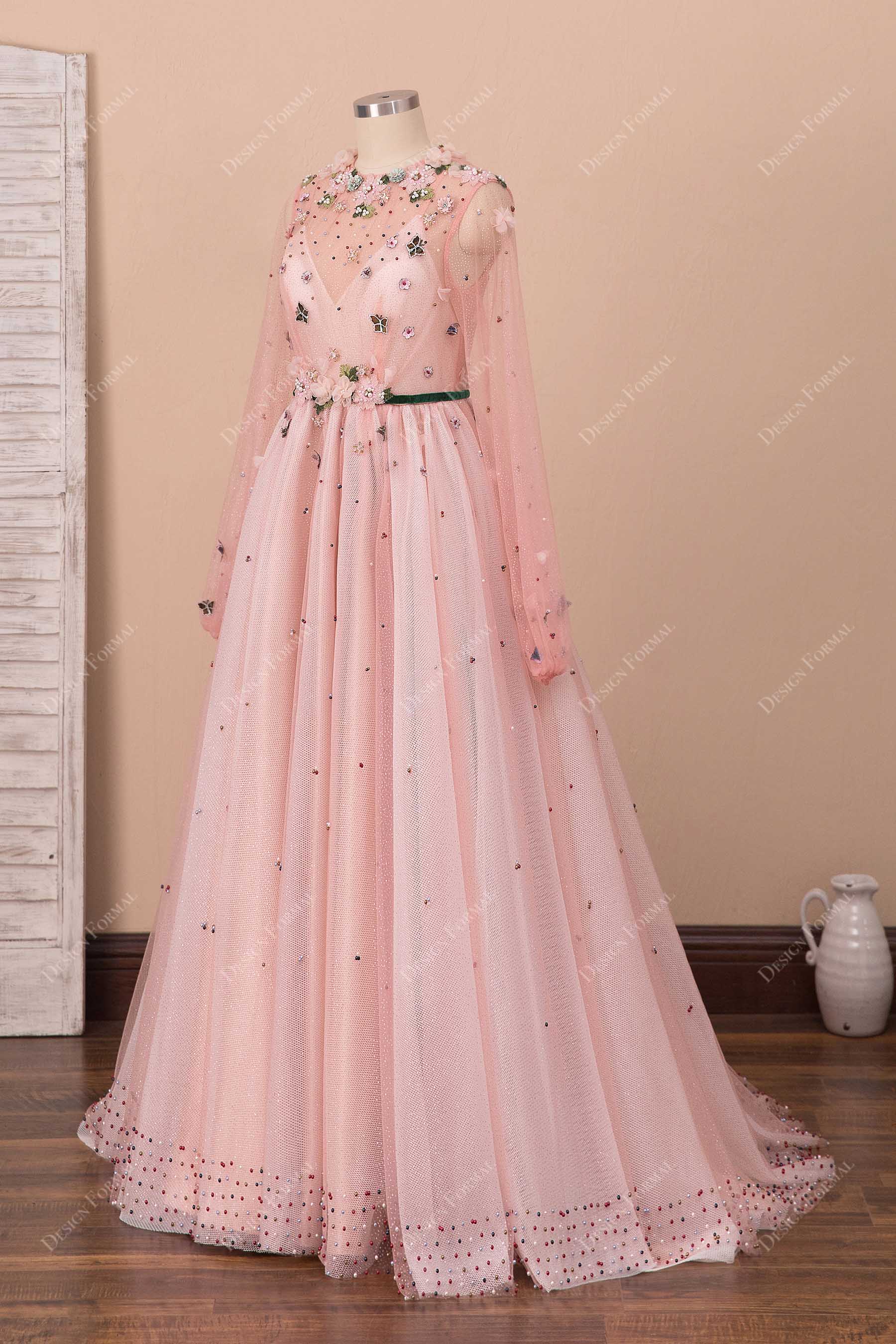 pearls illusion neck mesh pink prom dress