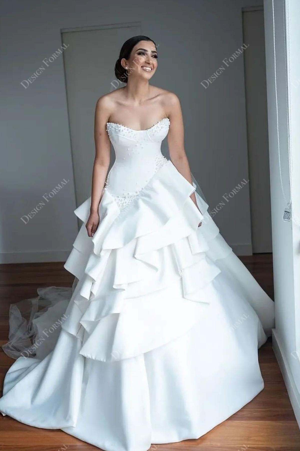 pearls strapless satin tiered long ball gown wedding dress
