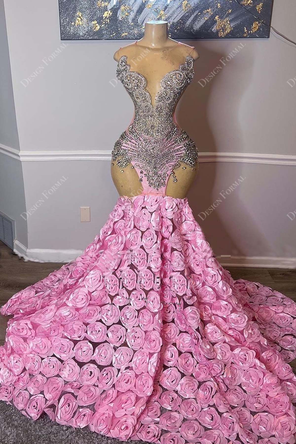 Rhinestones Silver 3D Roses Trumpet Made to Measure Prom Dress main image 0