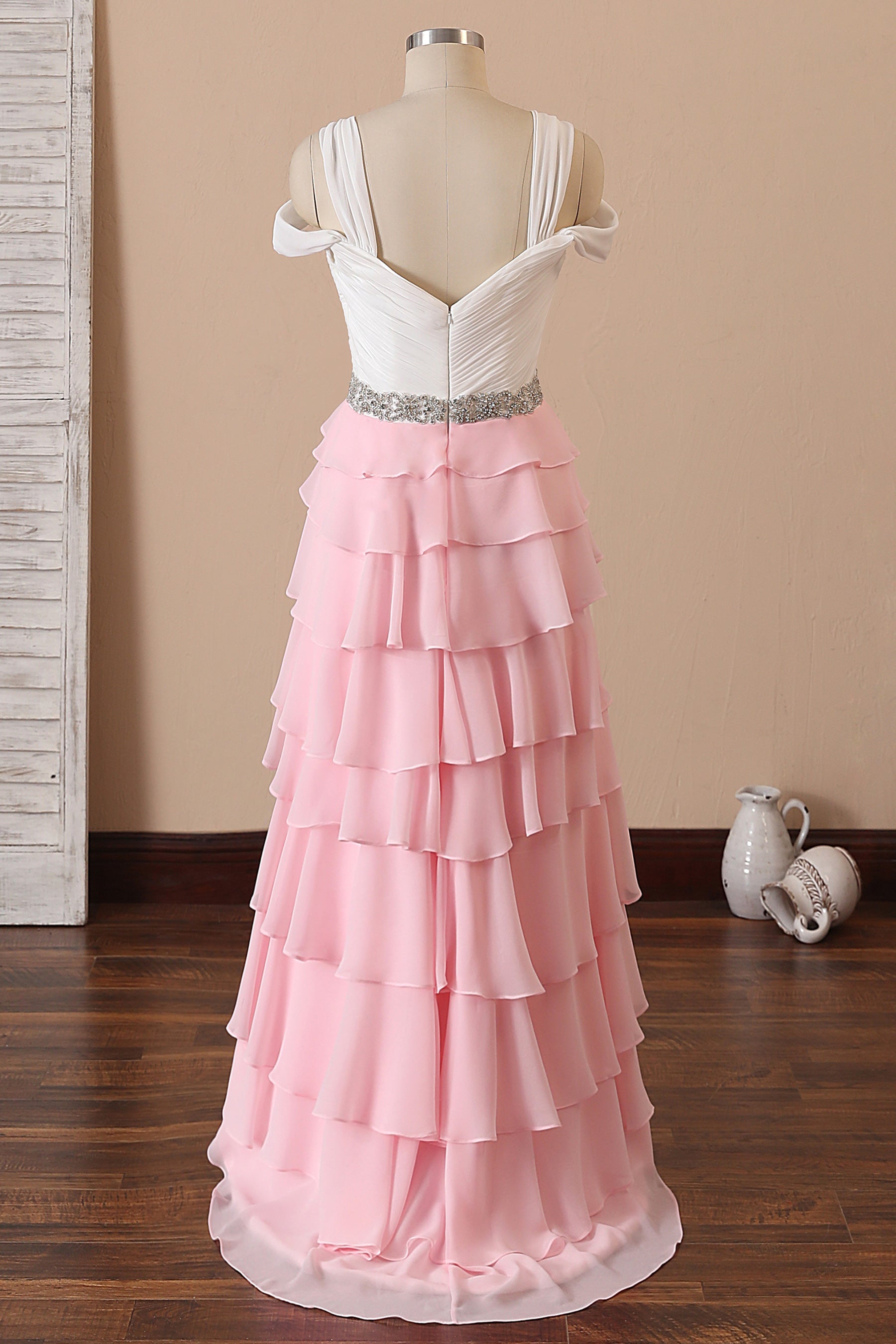 pink A-line chiffon cold shoulder dress