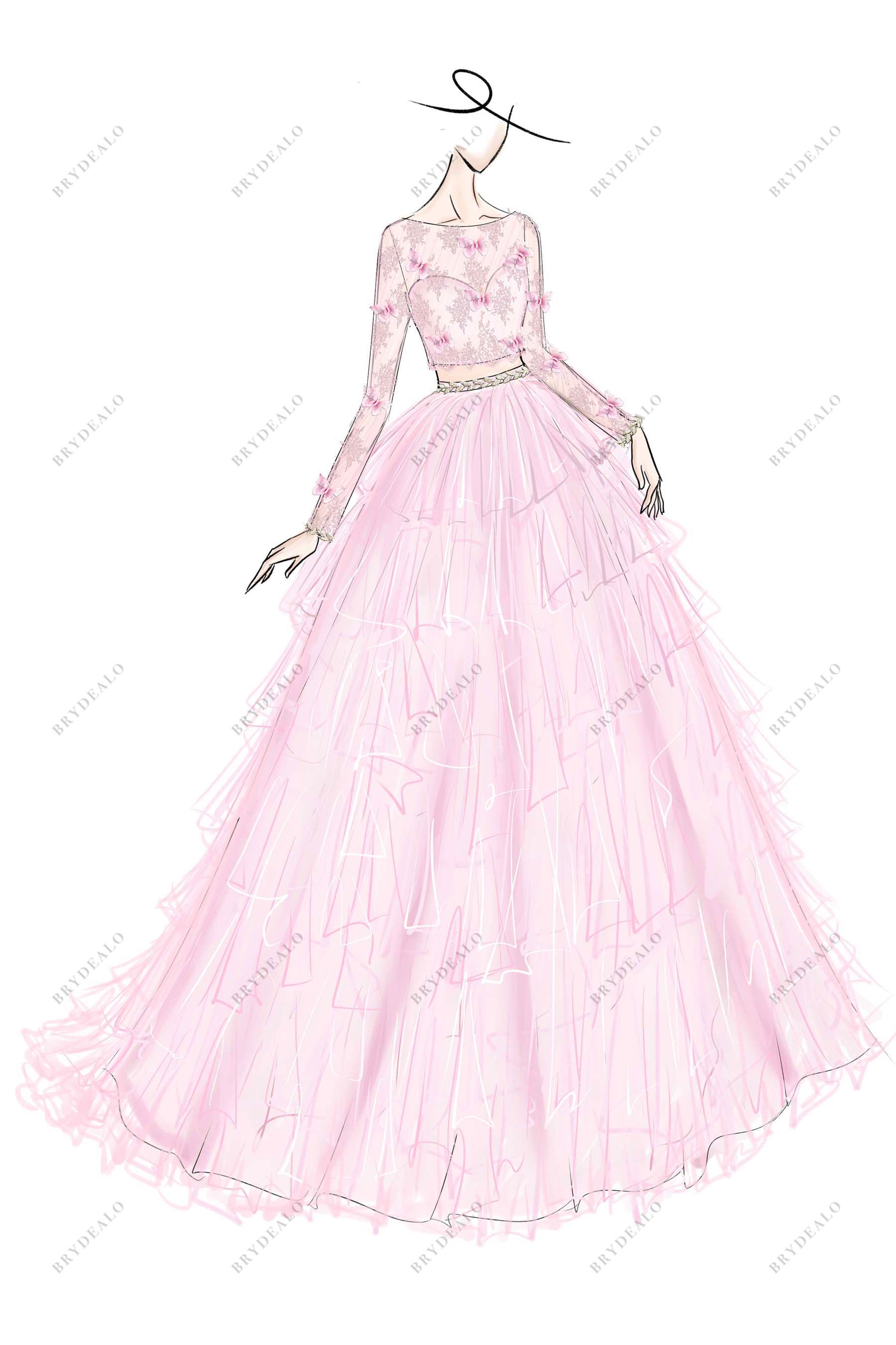 designer pink A-line lace wedding dress sketch