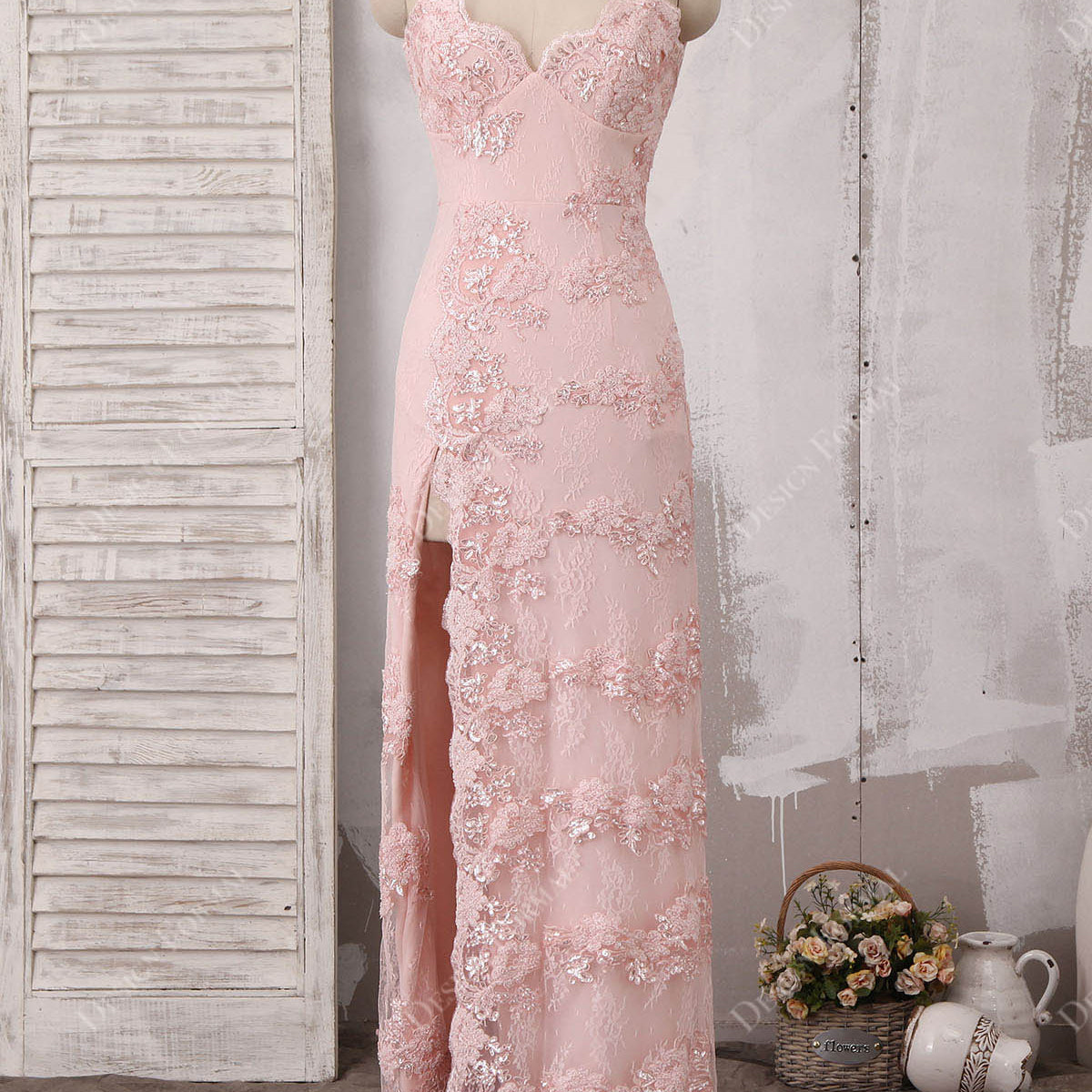 Pink Beaded Lace Sexy Slit Sheath Evening Prom Bridal Dress Pink Beaded Lace Sexy Slit Sheath Evening Prom Bridal Dress