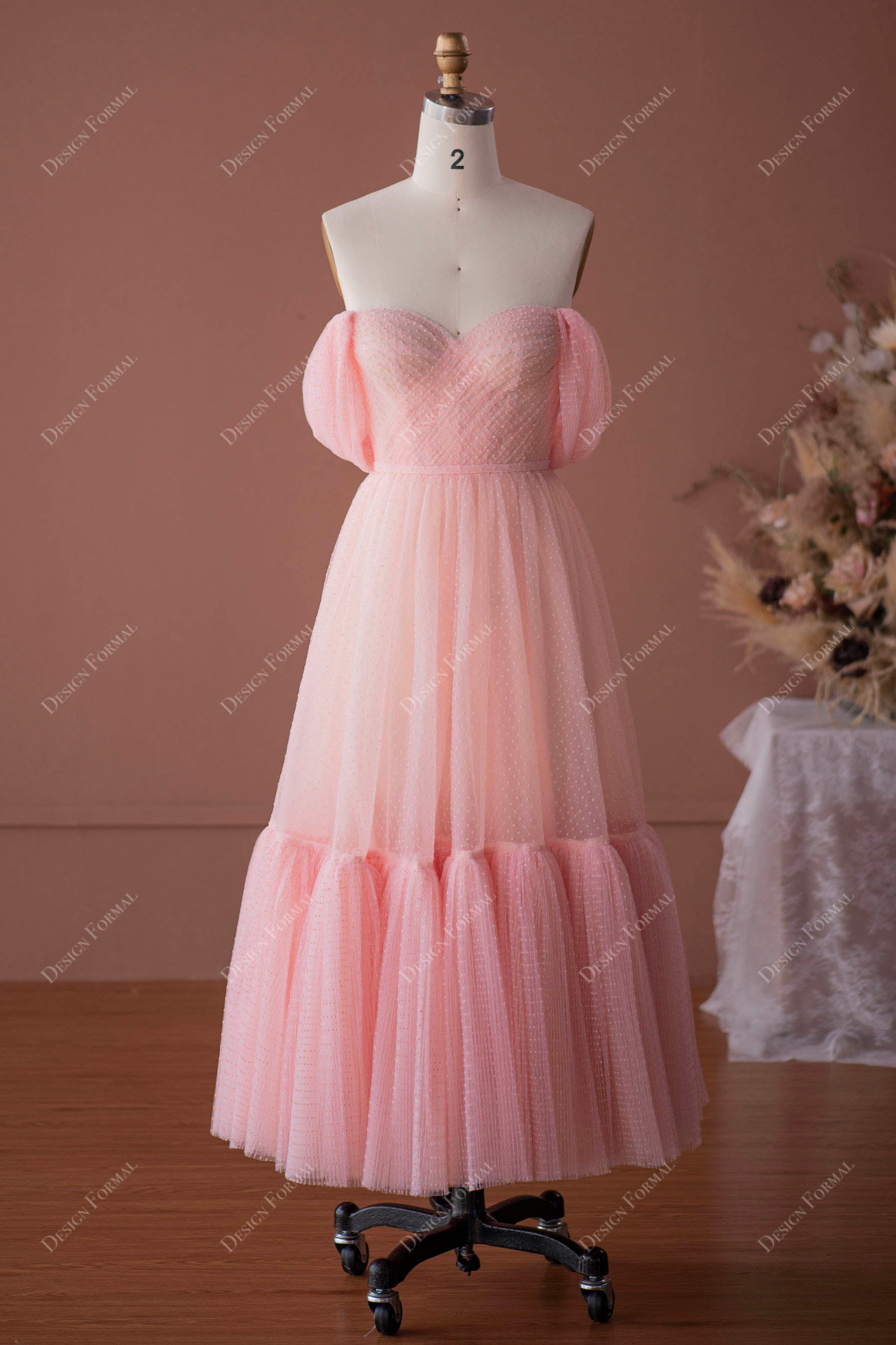 Pink Dot Tulle Off-the-Shoulder Tea Length Dress