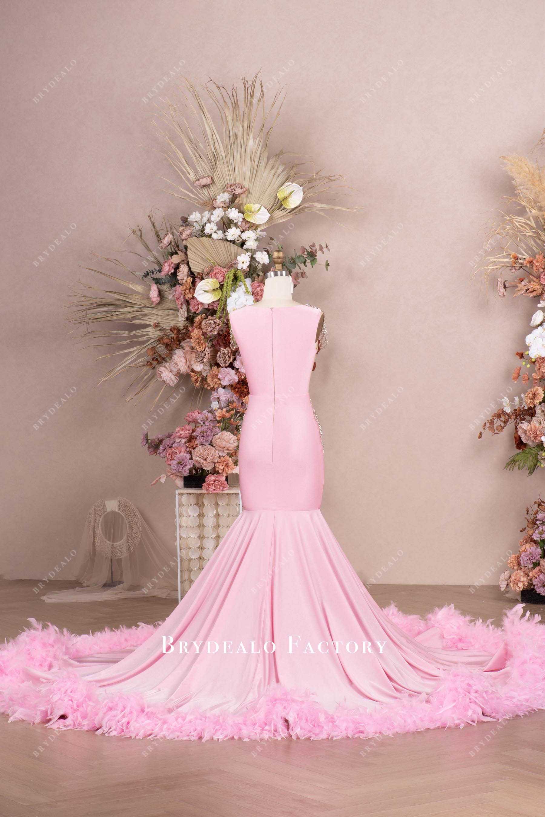 pink long feather train Junior prom gown