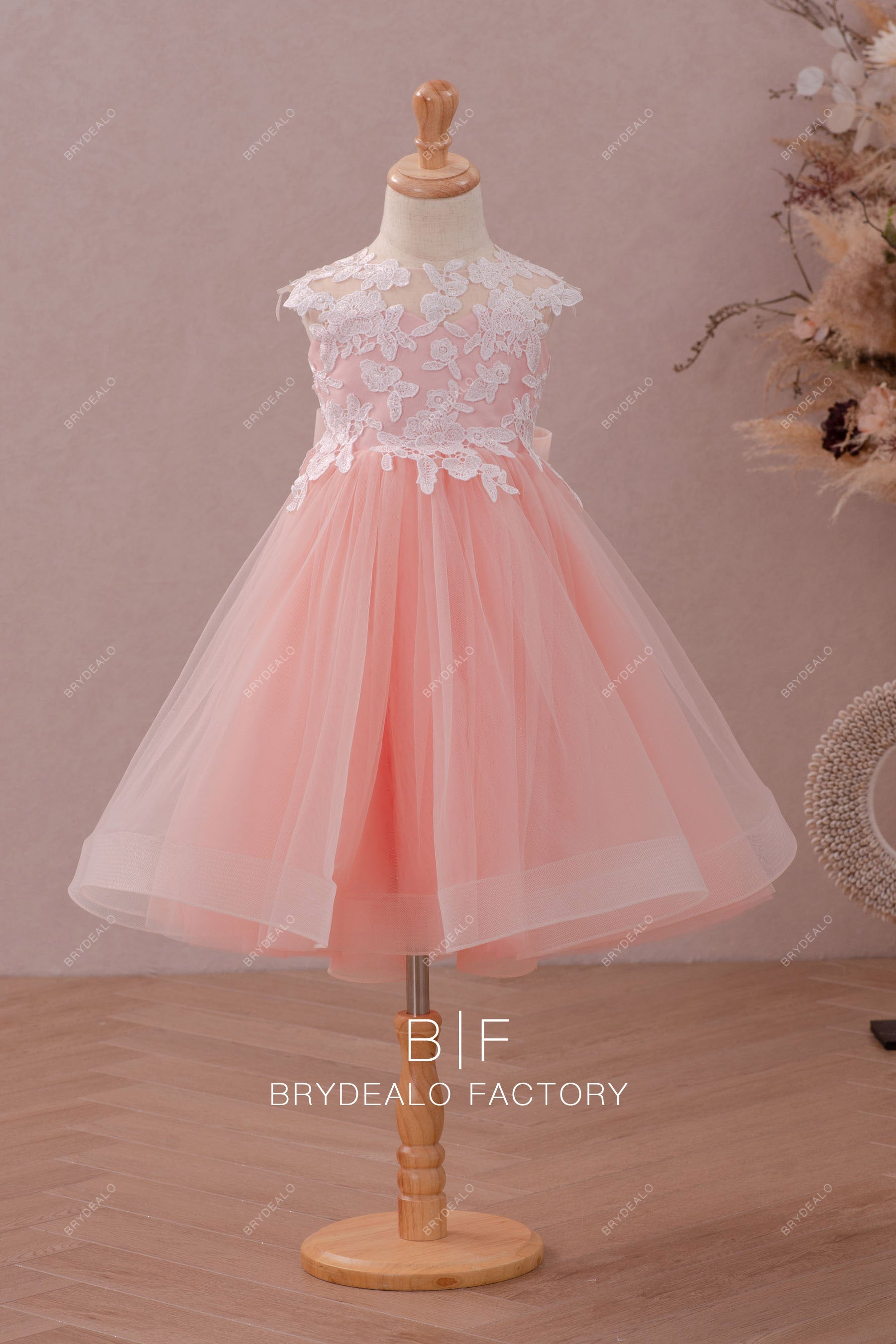 white lace pink tulle flower girl dress online