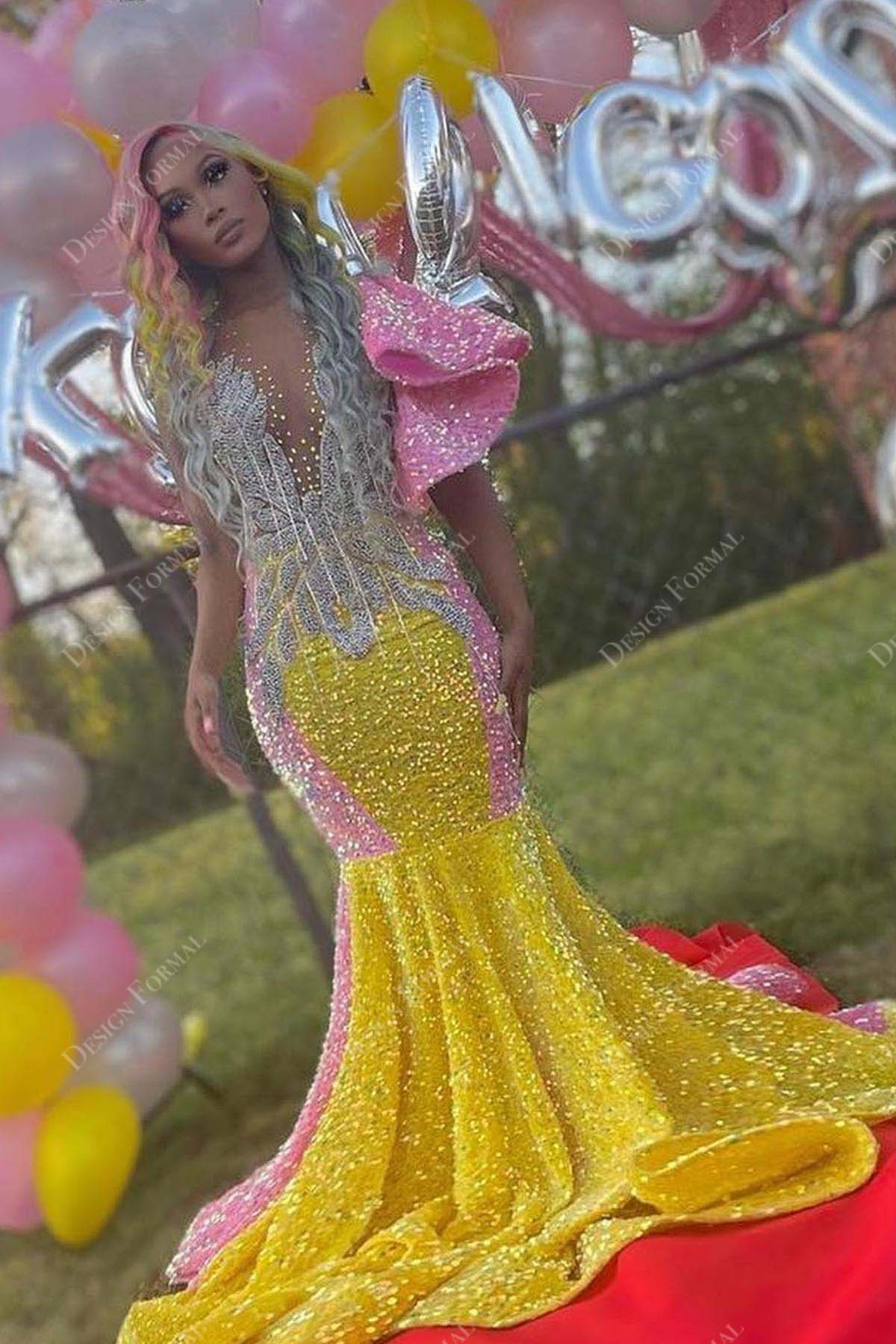 beaded pink short flutter sleeve yellow glitter mermaid long prom dress 