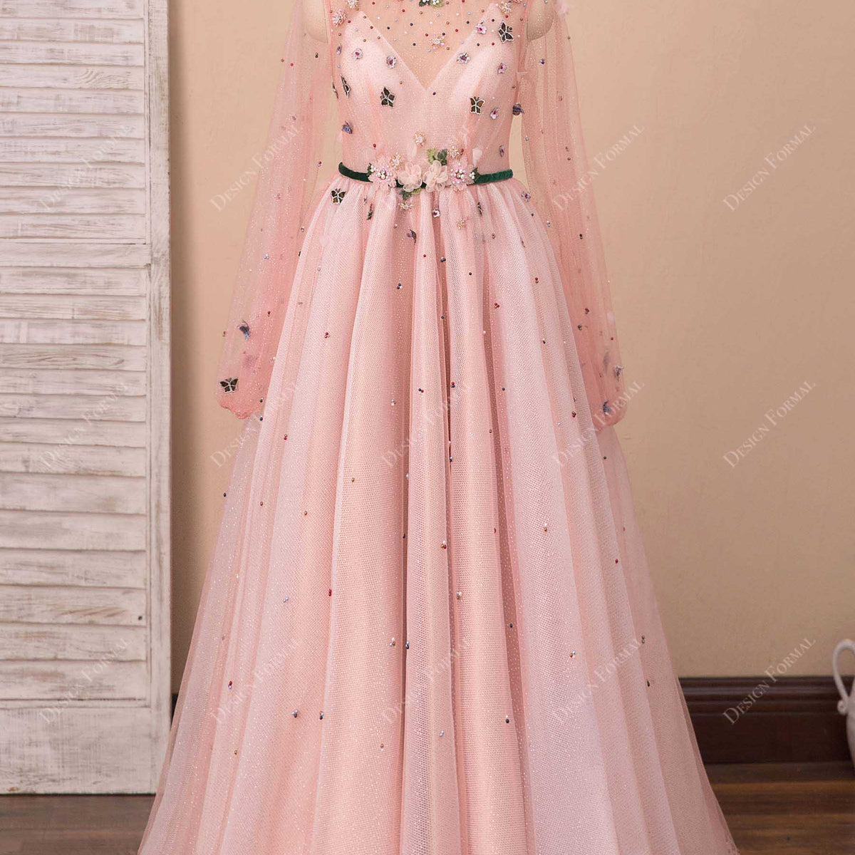 Pink Glitter Tulle Flowers Pageant Pearl Fairy Illusion Designer Prom Dress