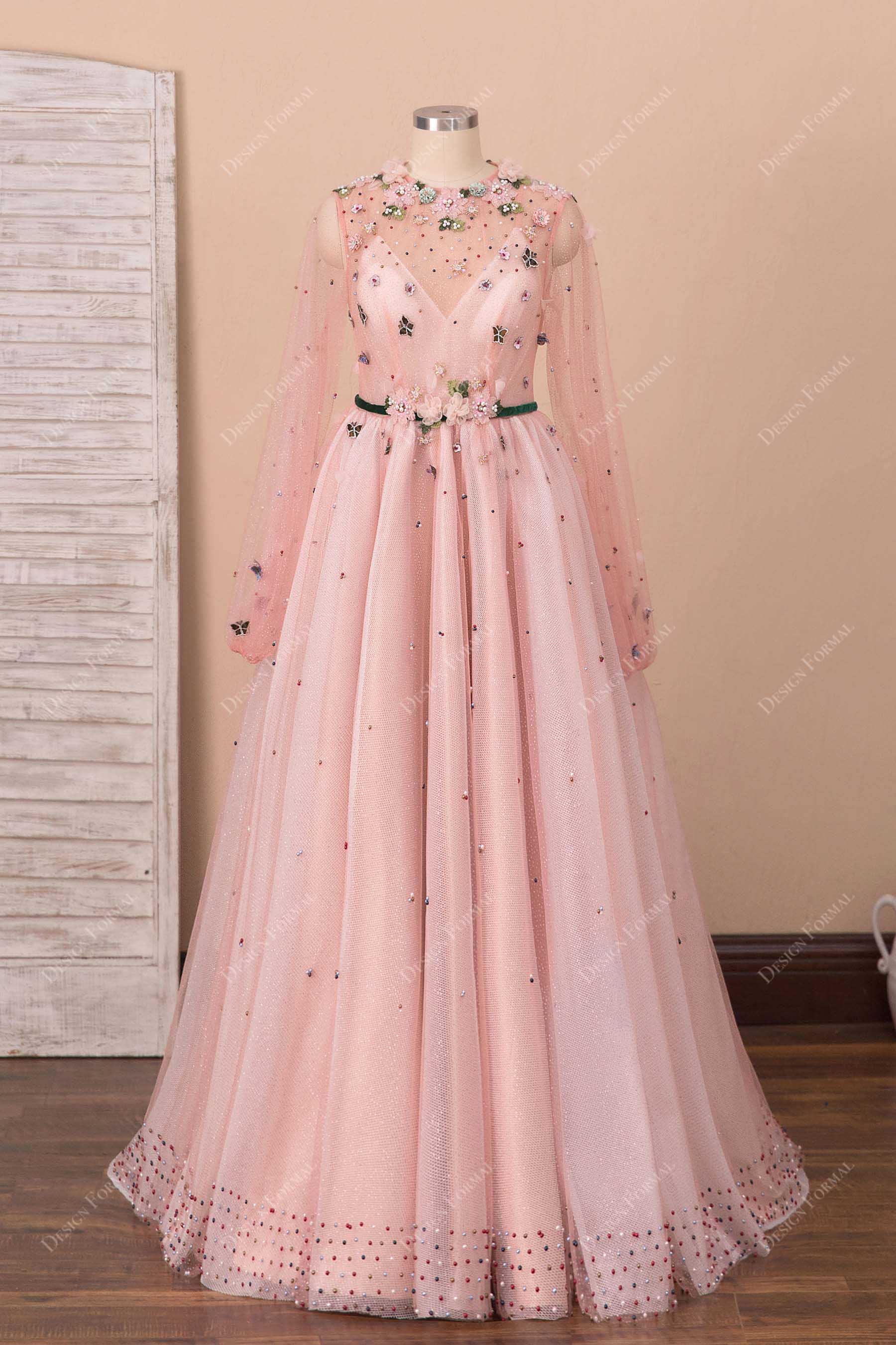 pink glitter 3D flowers A-line prom dress