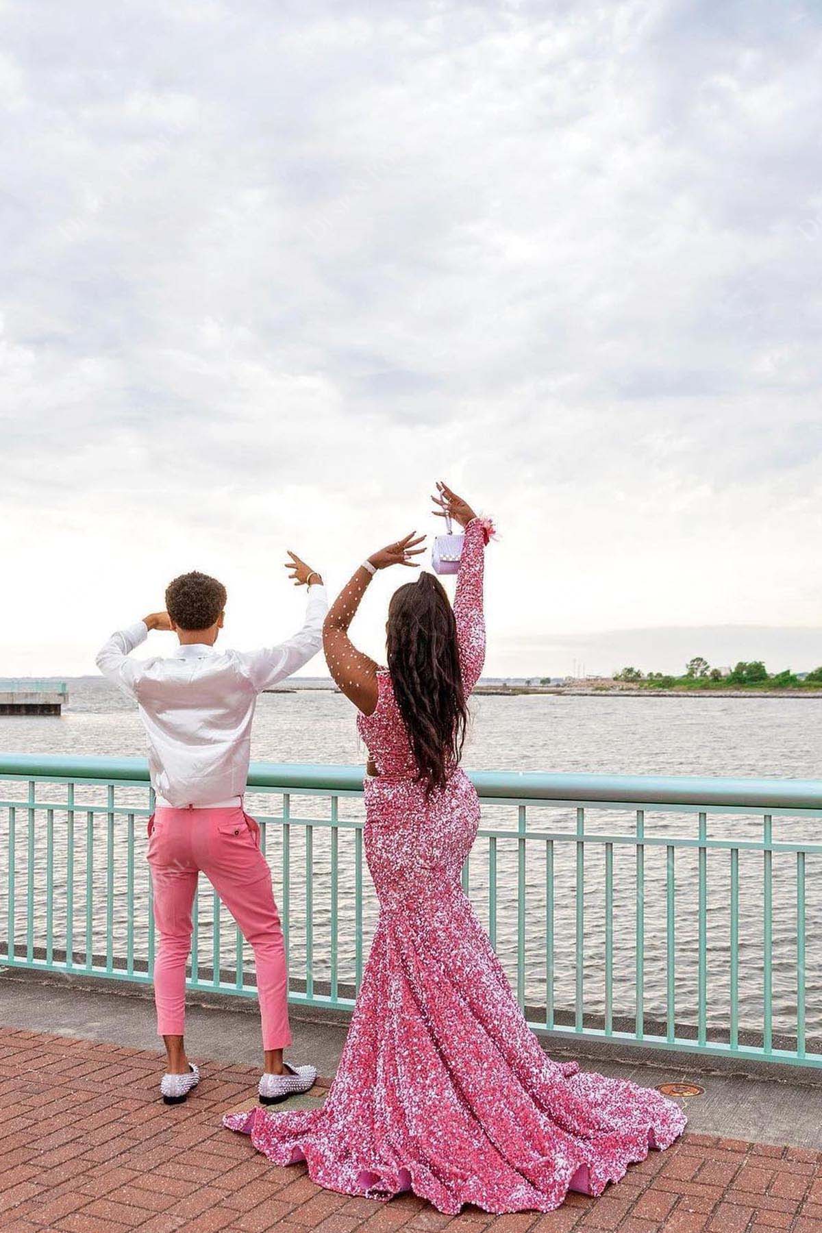 pink glitter illusion sleeve plus size mermaid prom dress