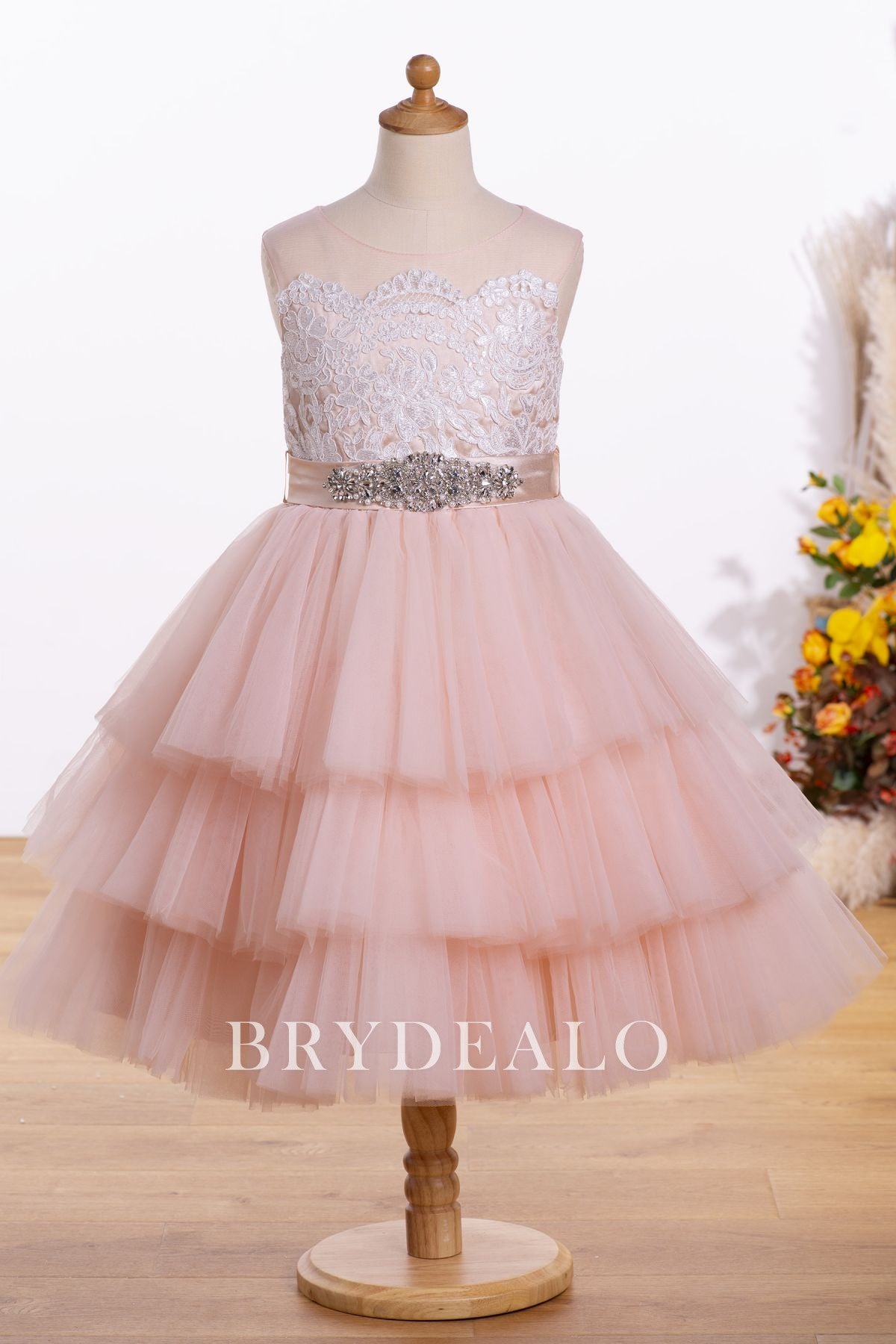 Lace Pink Knee Length Tiered Flower Girl Dress For Wedding