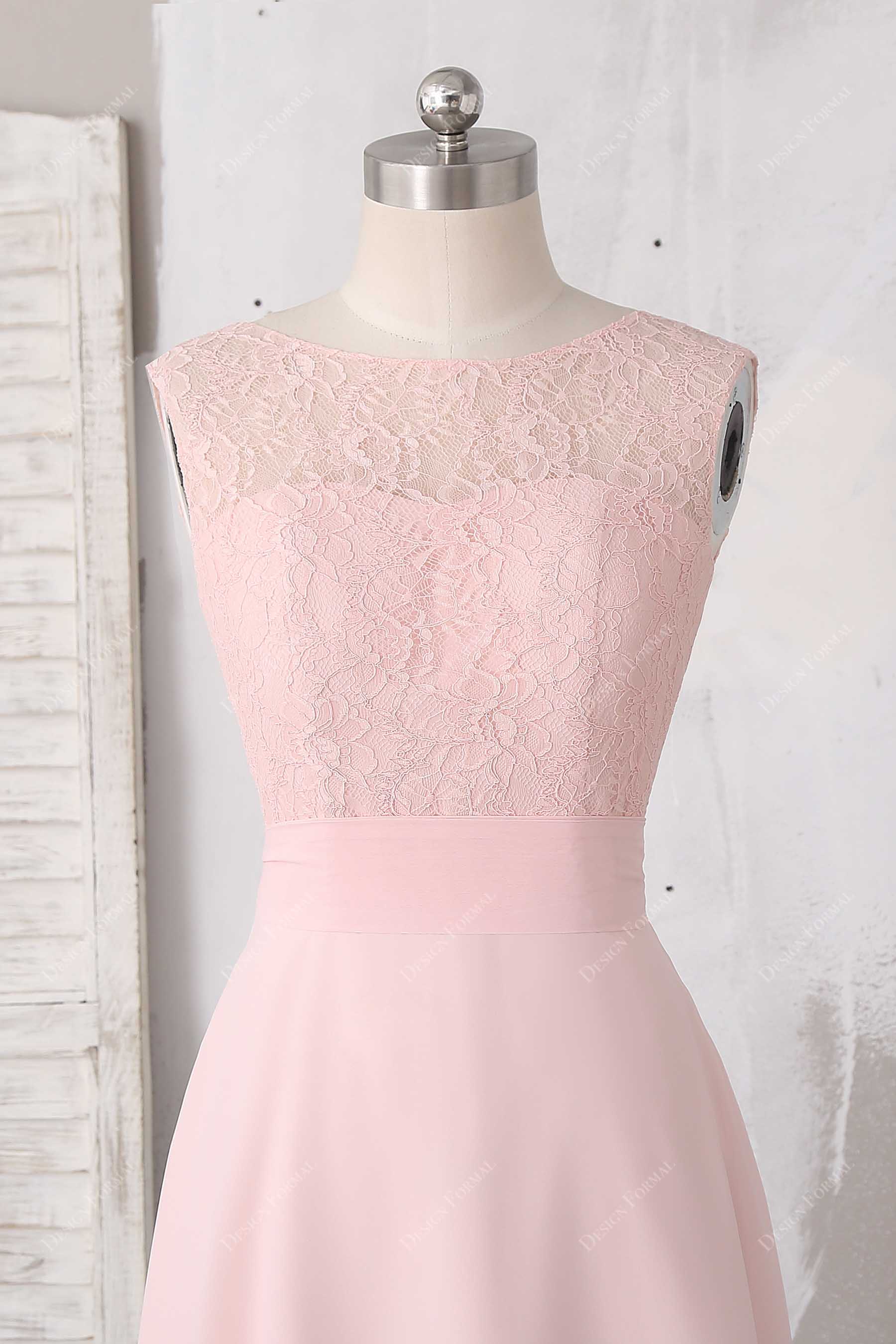 pink lace illusion boat neck