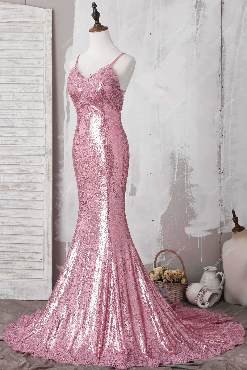 Pink Lace Sparkly Sequin Mermaid Elegant Prom Dress