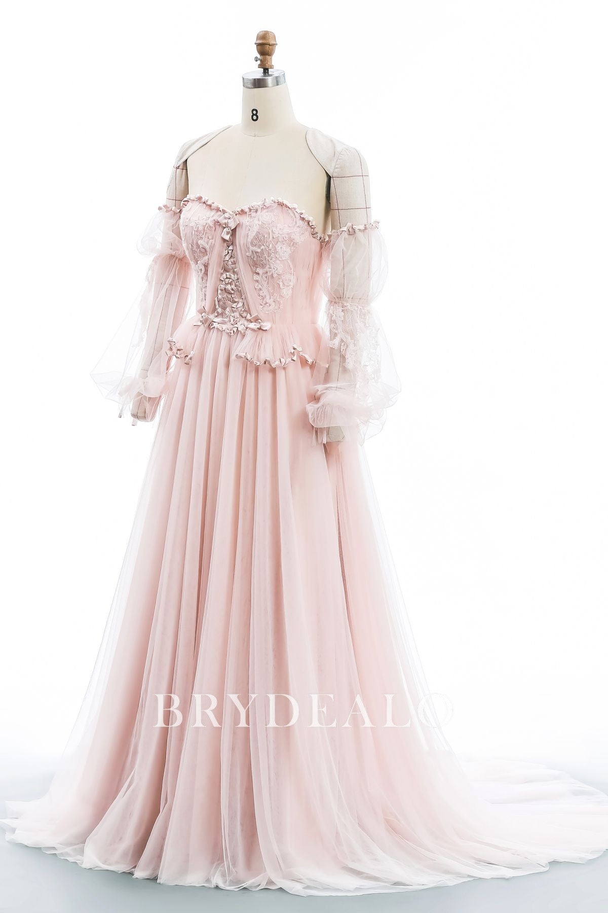 off shoulder pink tulle bridal gown