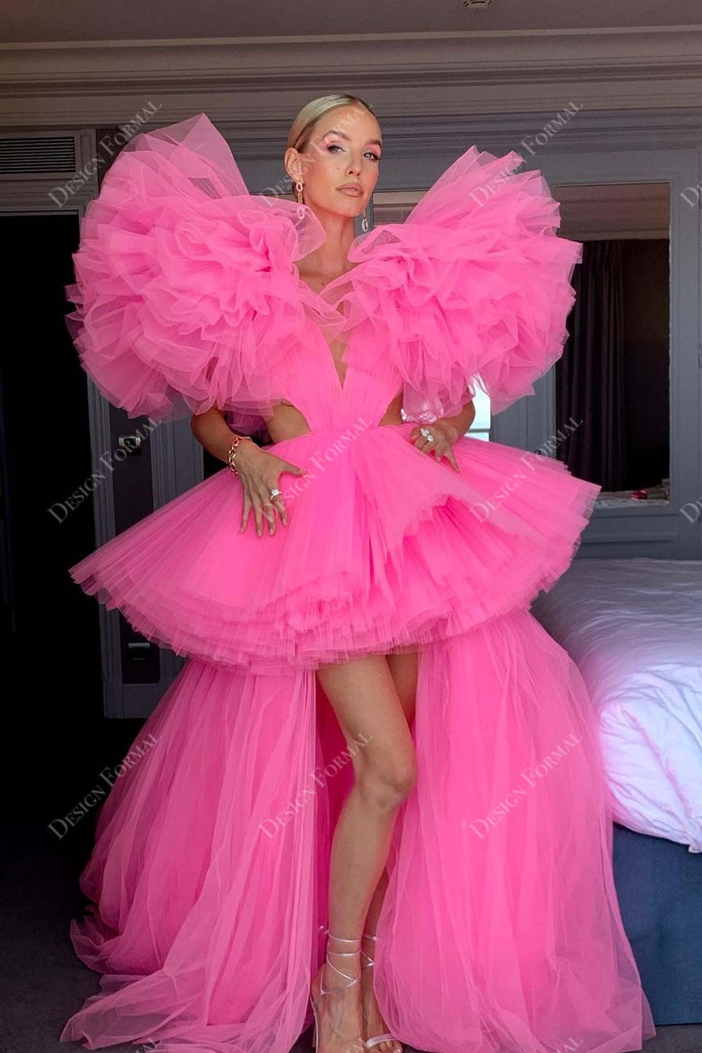 Cookies Pink Ruffle Robe Pink Tulle Ruffled Hi-Lo Cutout Designer Prom Pageant Dress