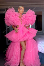 Pink Tulle Ruffled High-Low Cutout Designer Prom Pageant Dress