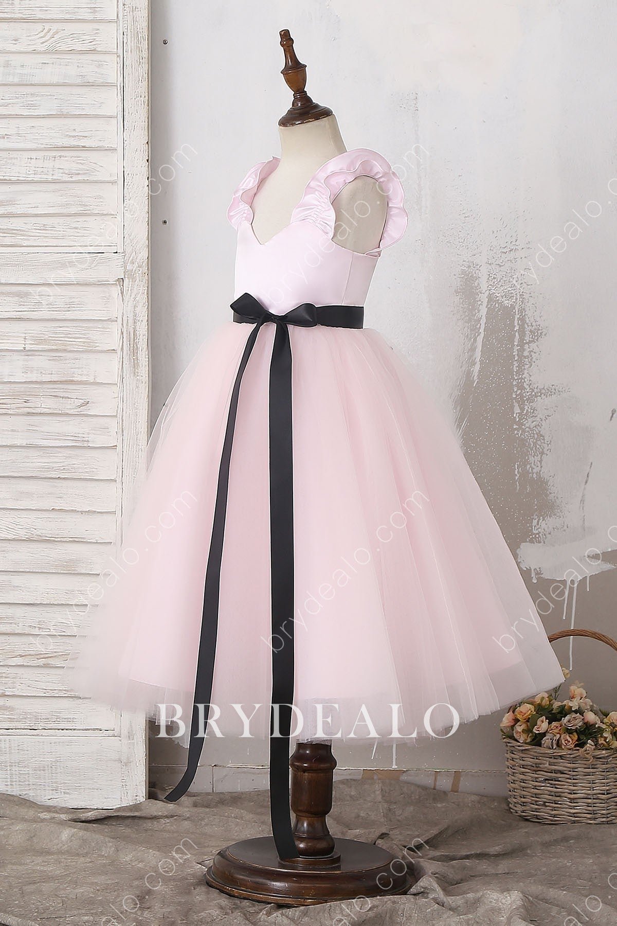 black bowknot sash pink satin tulle flower girl gown