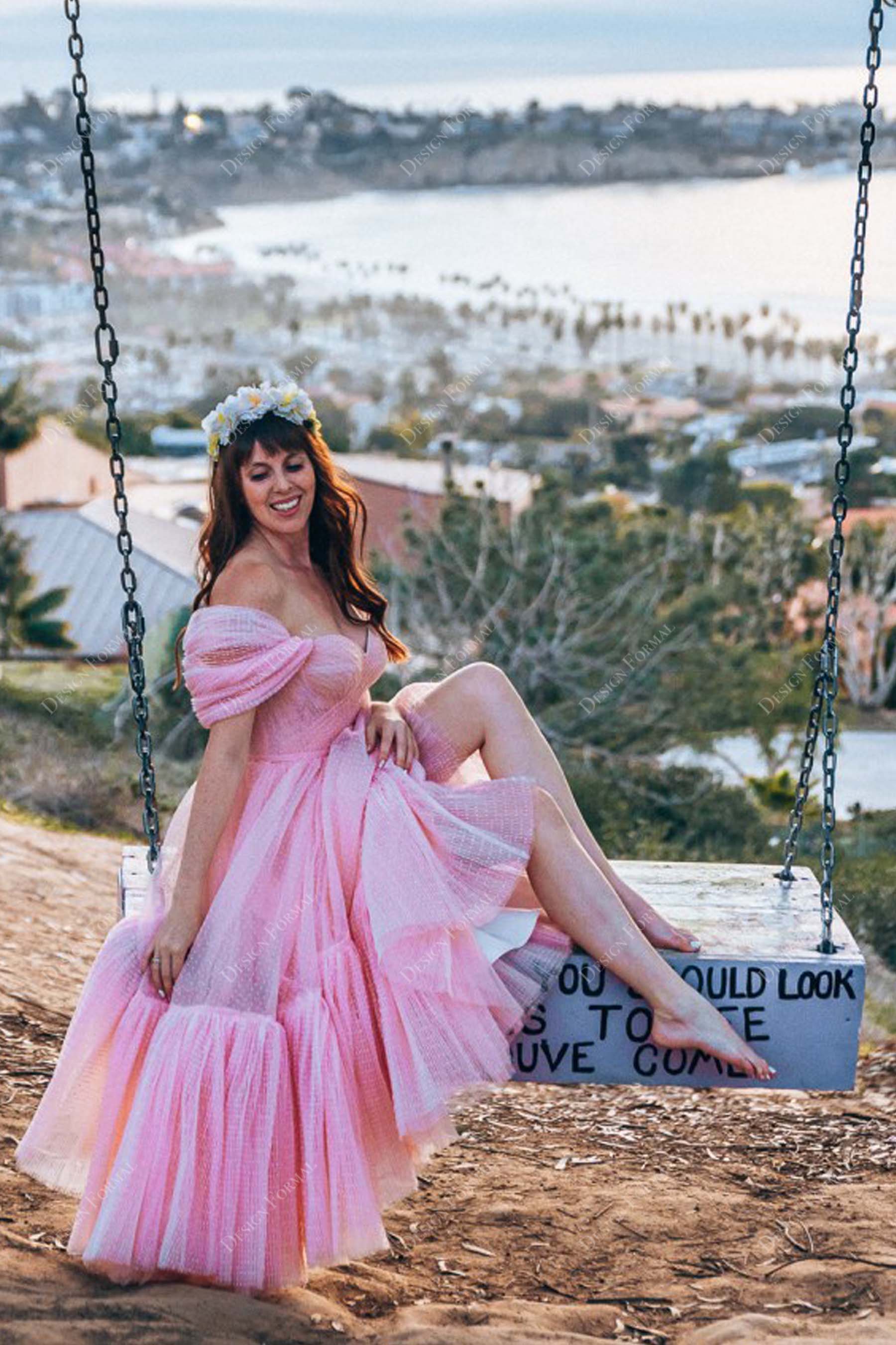 pink ruffled tea length prom dress