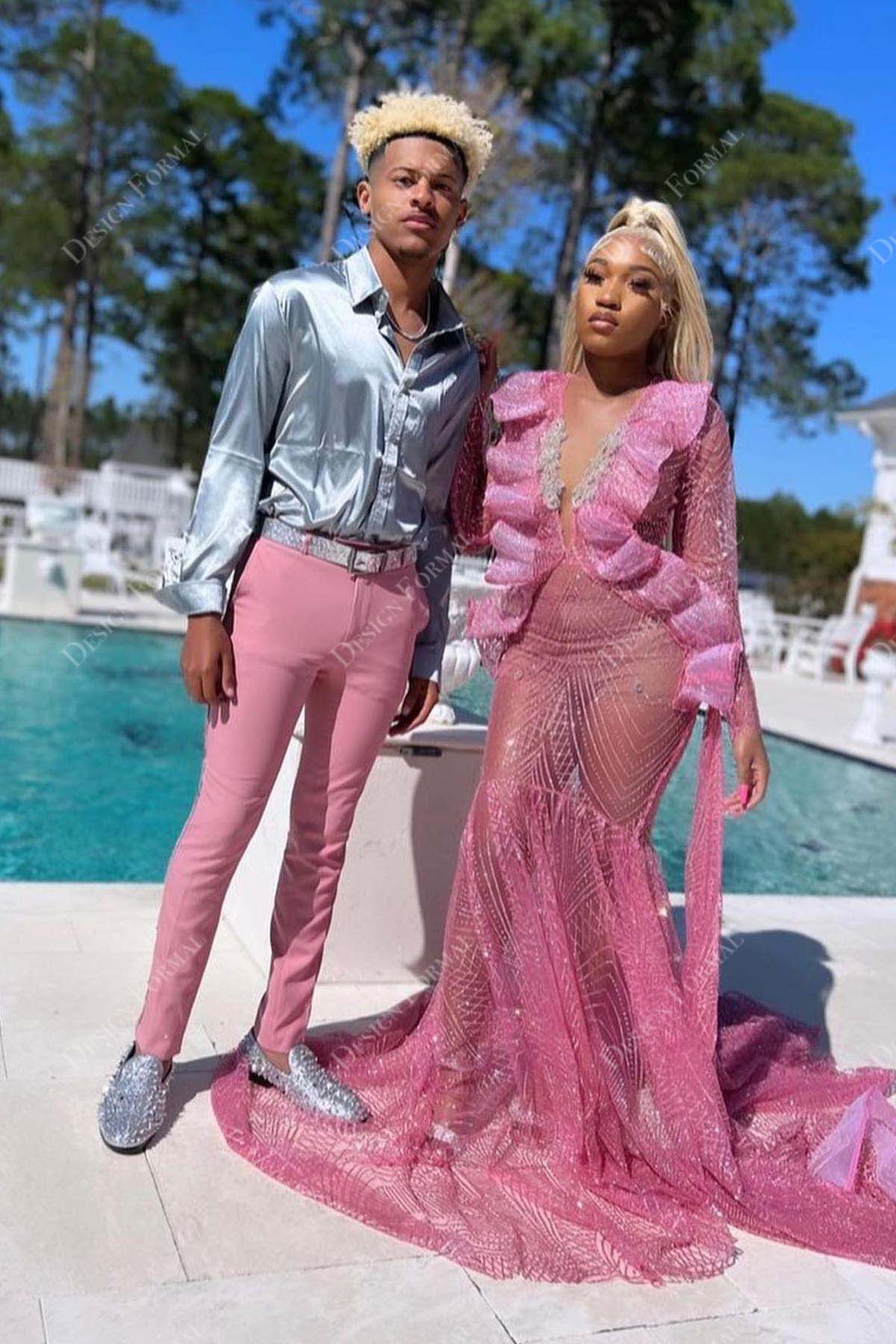 pink sequin ruffled sexy sheer long mermaid prom dress