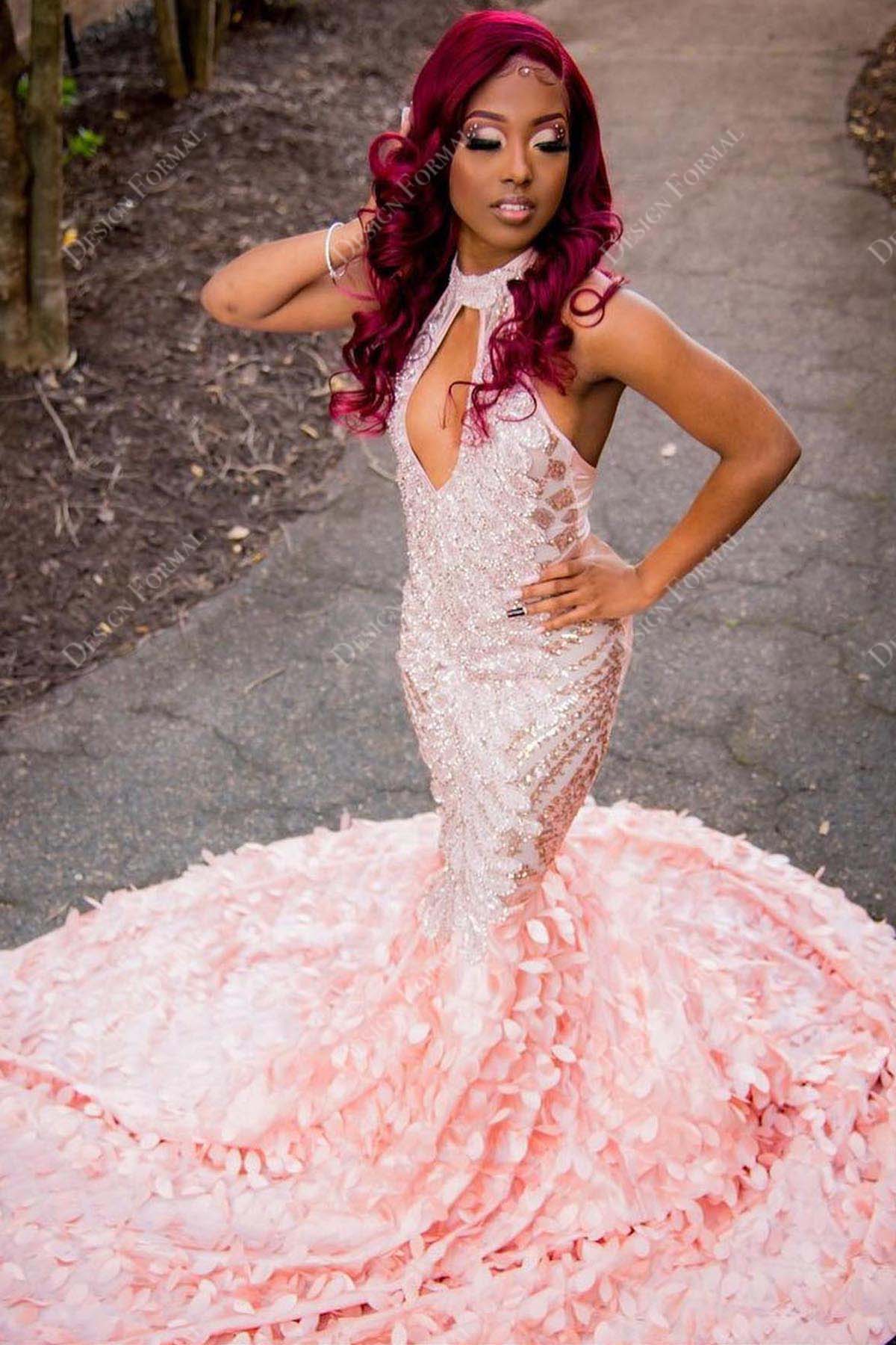 pink sequin sleeveless keyhole 3D leaf mermaid long train prom dress