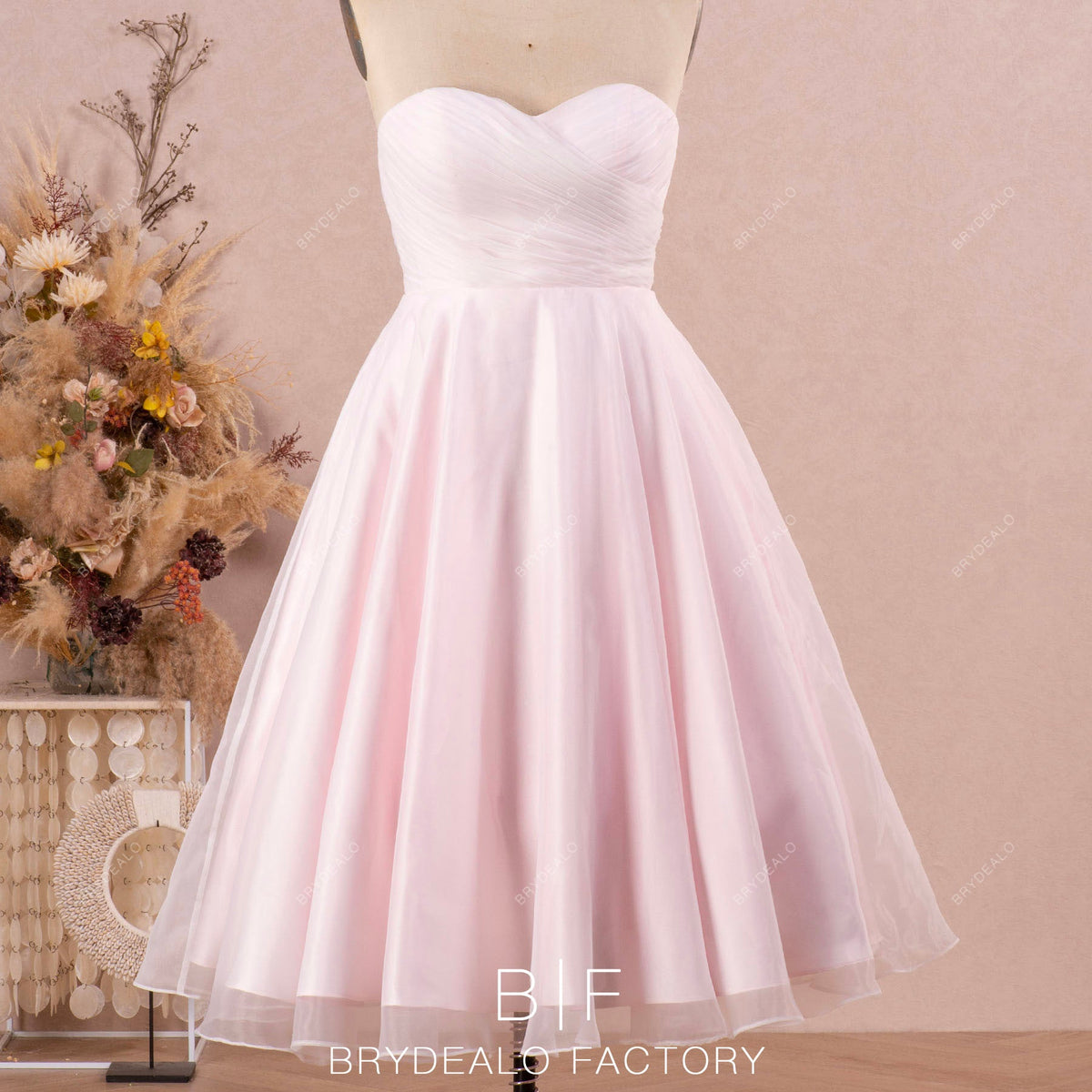 strapless tea length dress Blush Organza Strapless Tea-Length Cute Puffy Bridal Dress, Blushing Pink