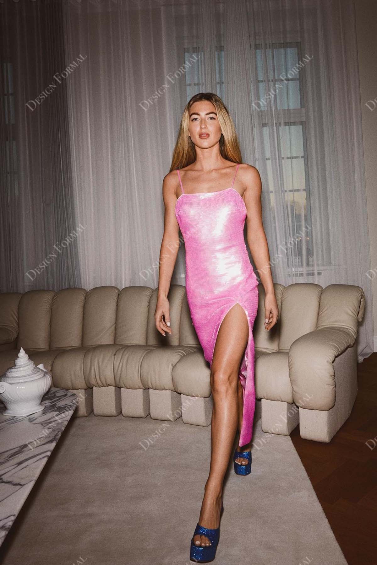 pink spaghetti straps high slit tea length cocktail dress