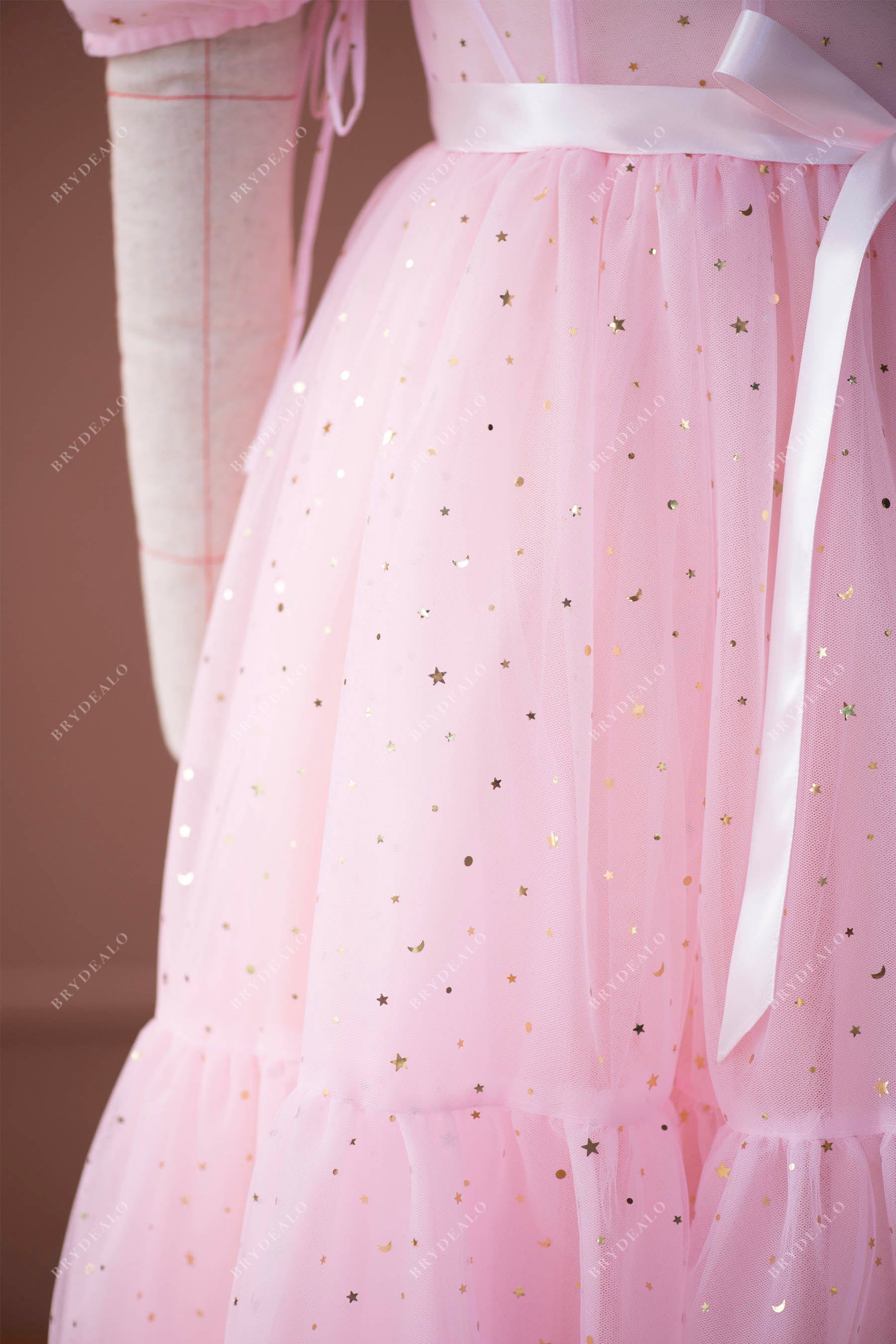 pink tea length prom dress