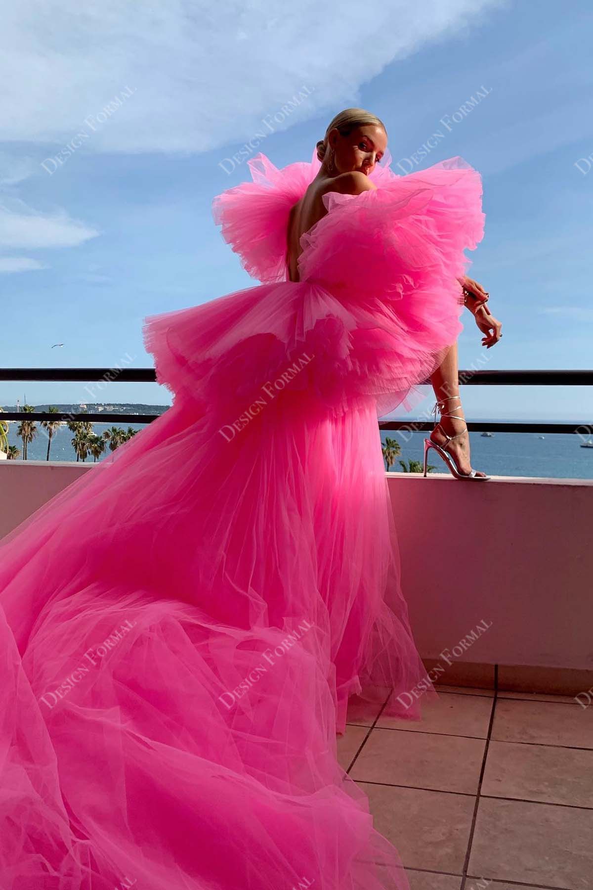 pink tulle ruffled hi-lo designer prom dress