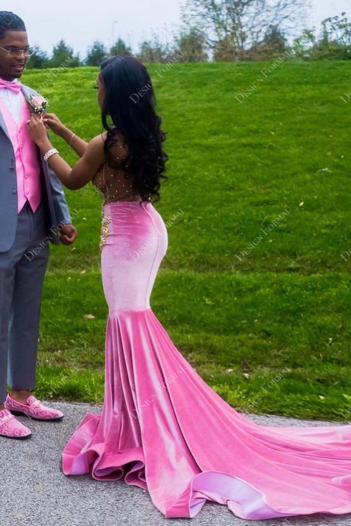 pink velvet long train mermaid prom dress