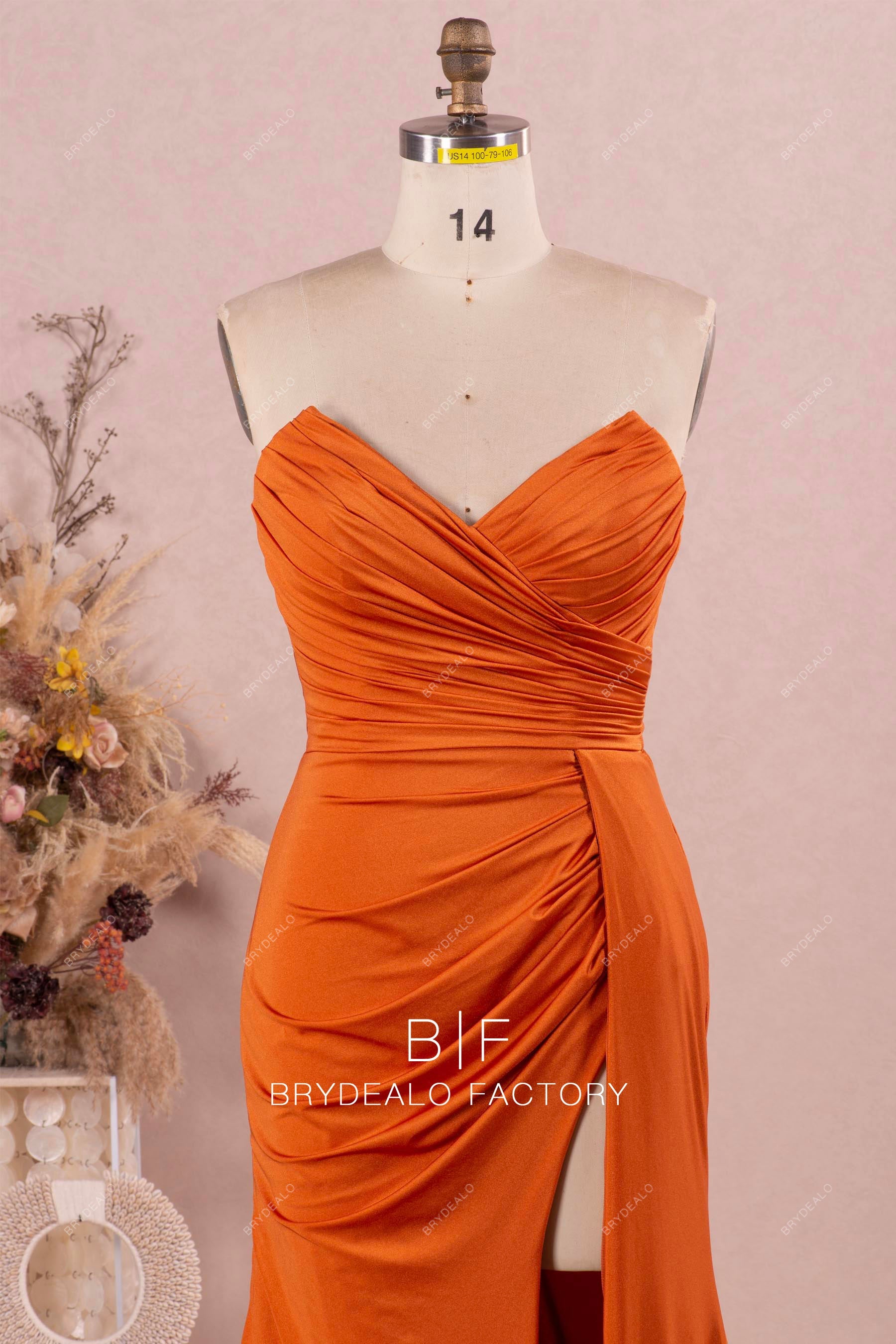 strapless rusty ruched V neck prom gown