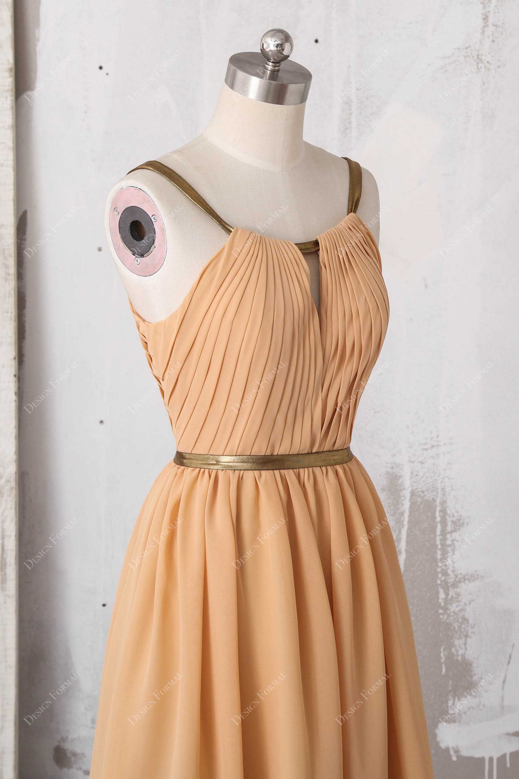pleated chiffon apricot keyhole bridesmaid dress