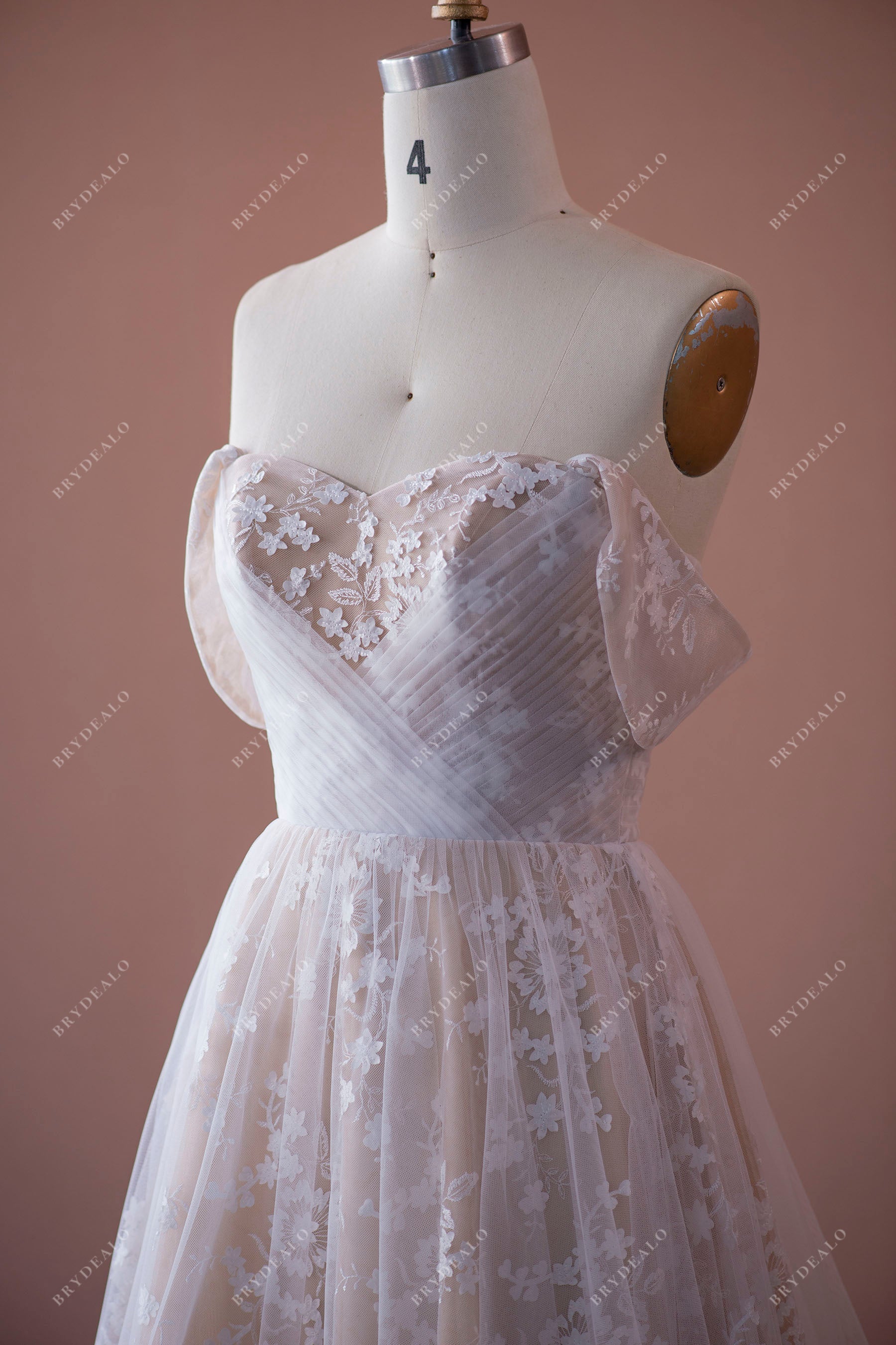 pleated crisscross off-shoulder sweetheart  spring wedding dress