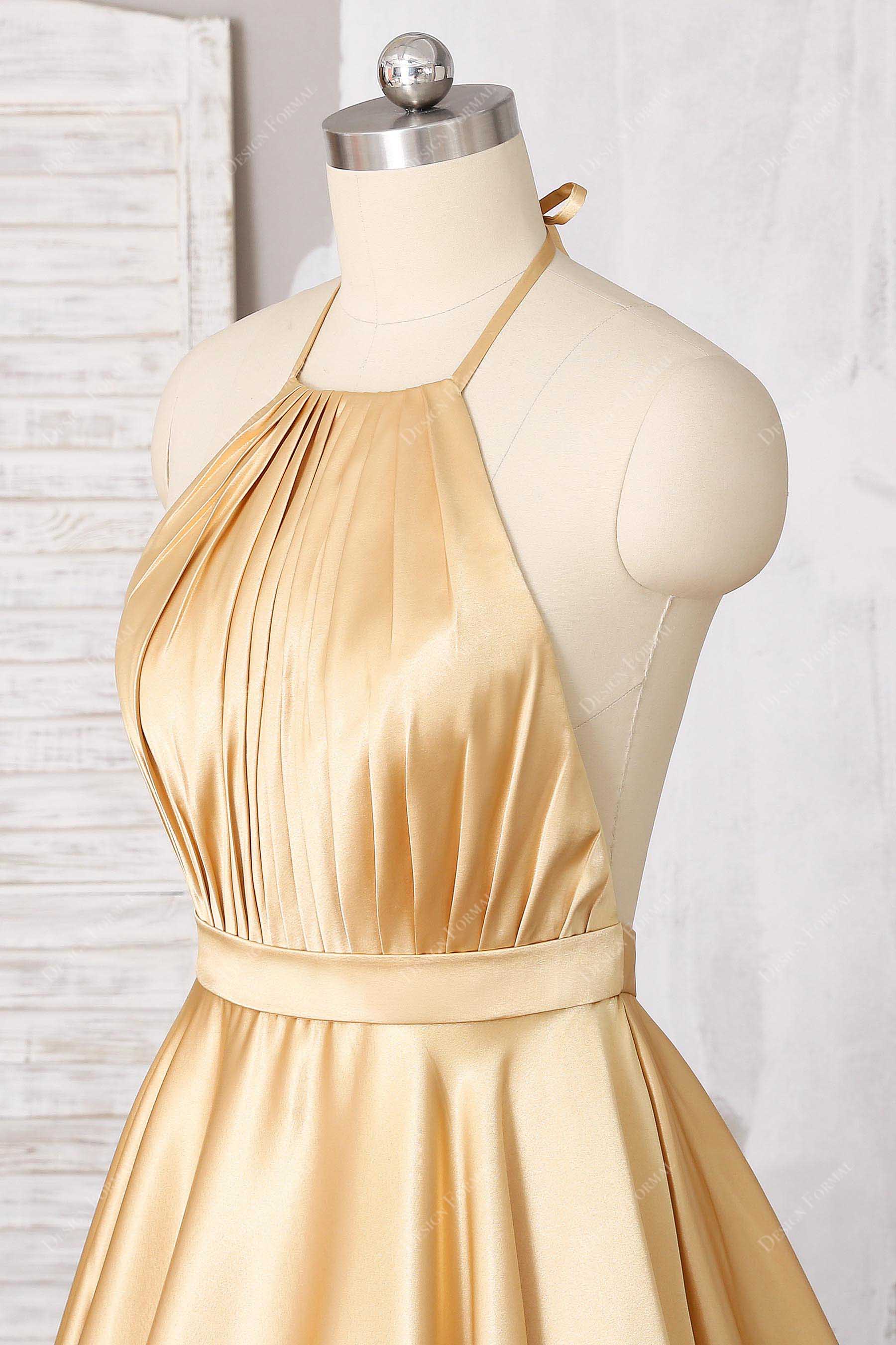 pleated gold satin natural waist bridesmaid gown