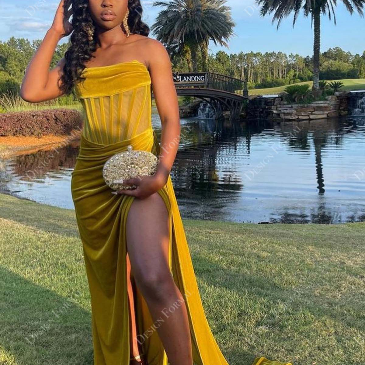 Honey Couture Neon Yellow Formal Dresses Pleated Slit Honey Yellow Velvet  Strapless Custom Prom Dress