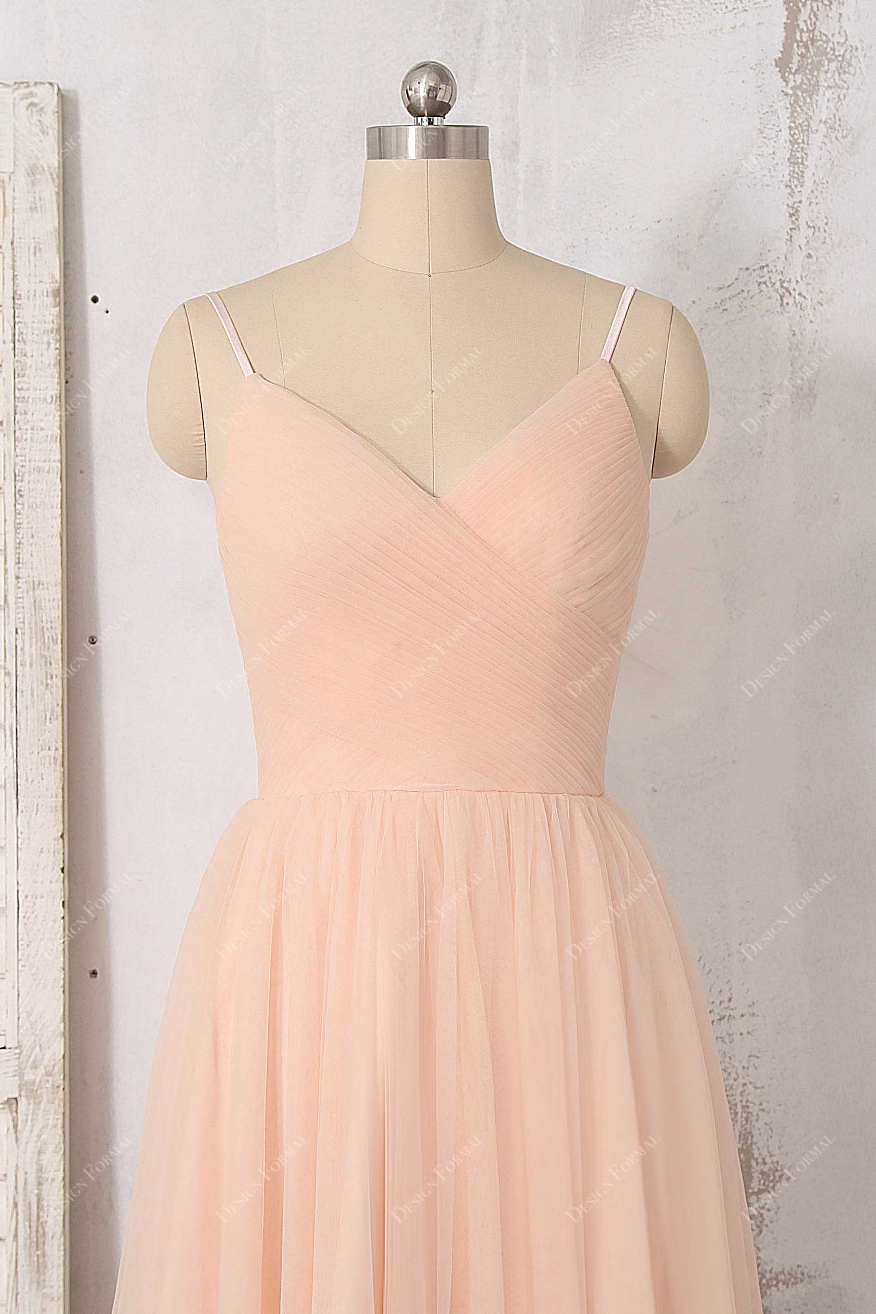 pleated peach tulle bridesmaid dress