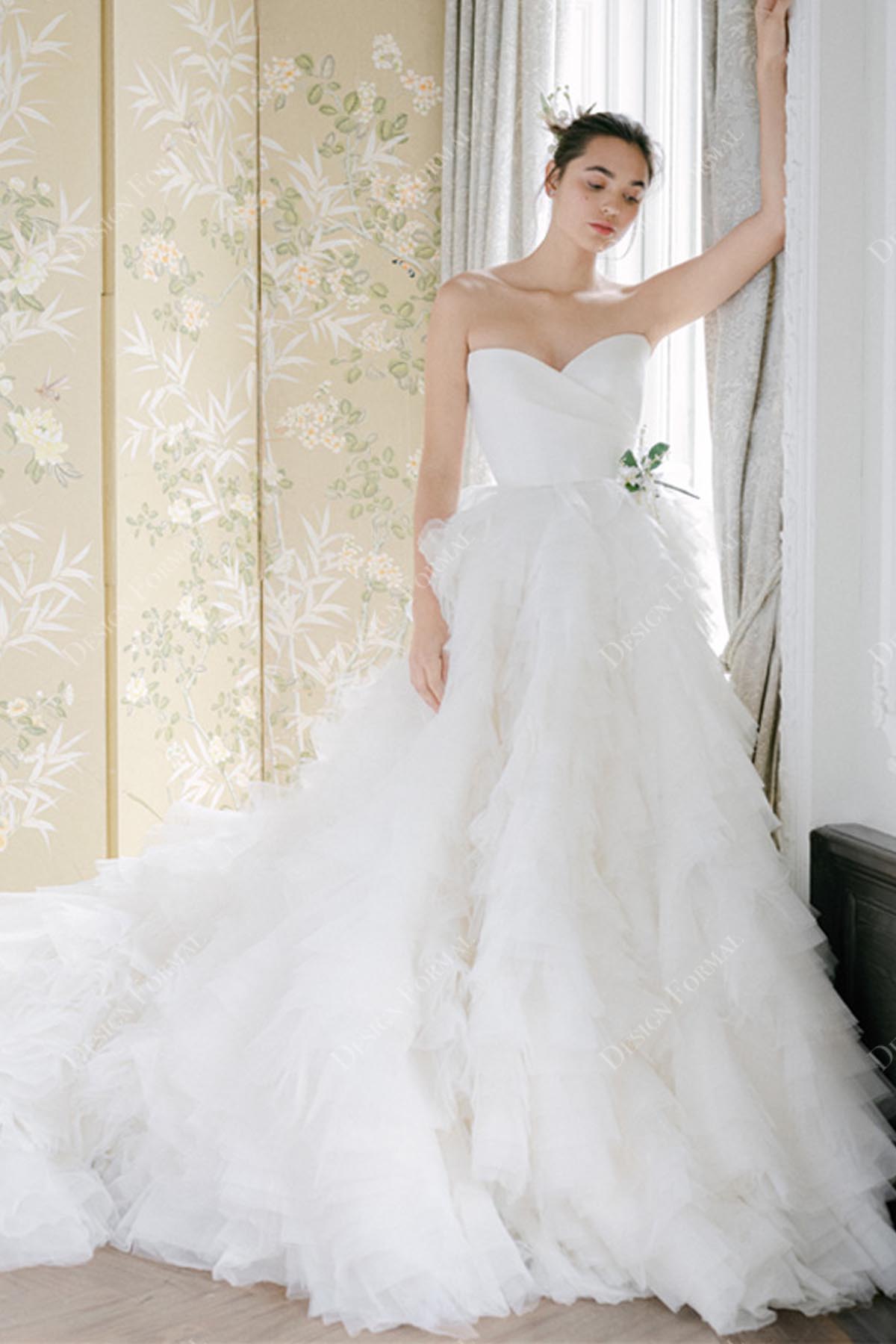 pleated sweetheart neck satin ruffled ball gown wedding dress