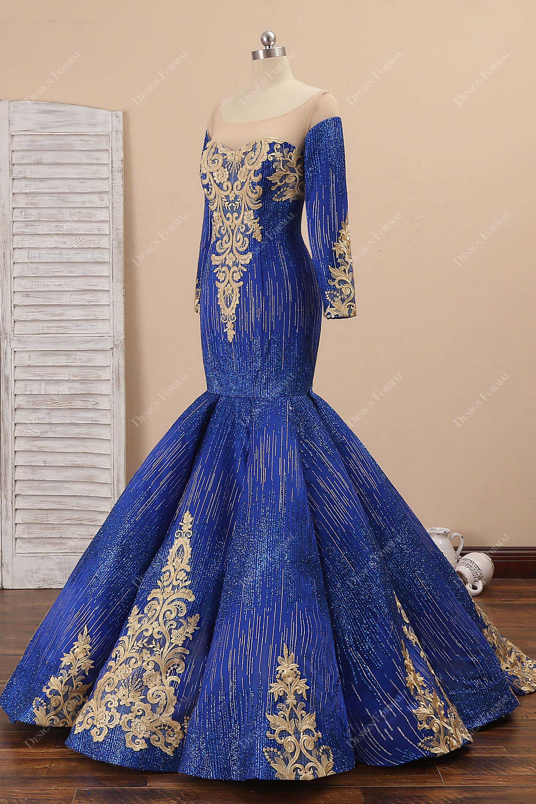pleated trumpet blue glitter prom dress 