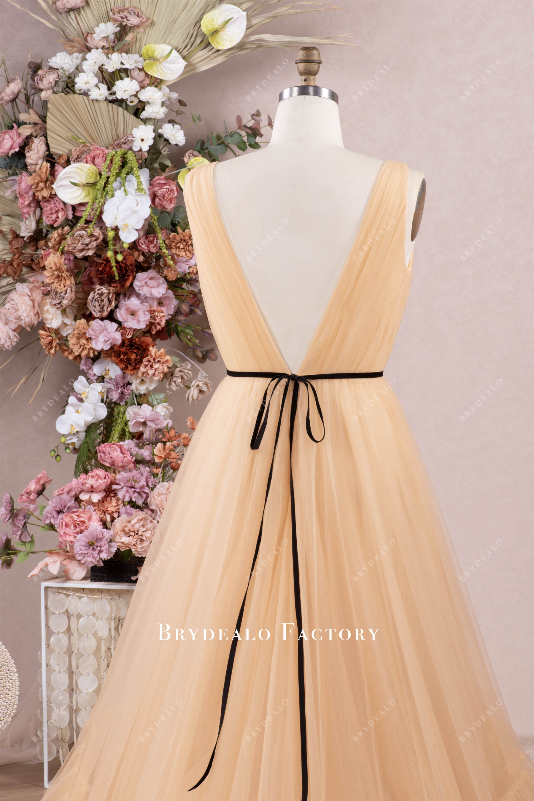 pleated V back nude beige bridesmaid dress