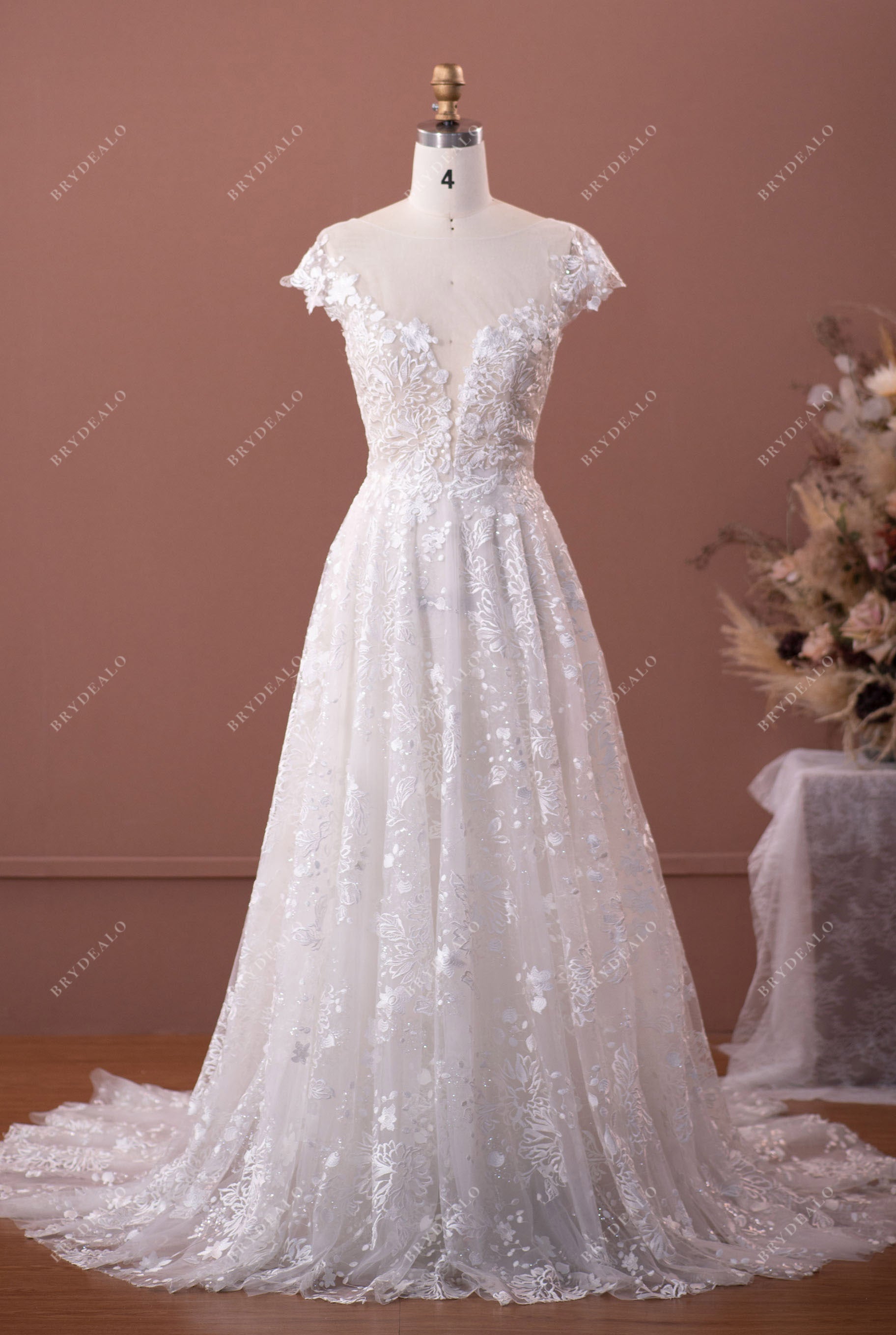 Beautiful Flower Lace Illusion Neck A-line Bridal Gown
