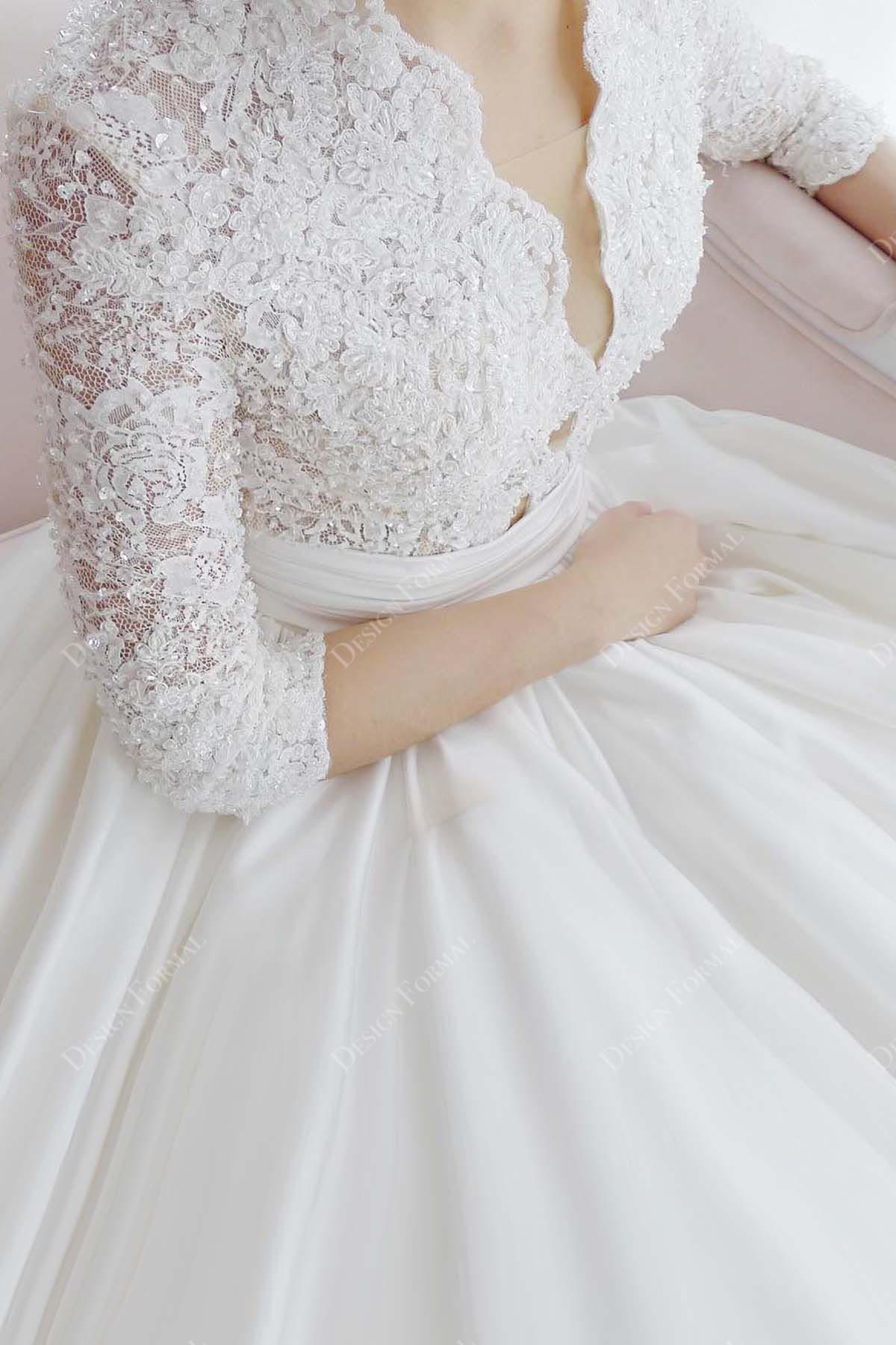 Plunging Neck Beaded Lace Long Sleeve Wedding Dress