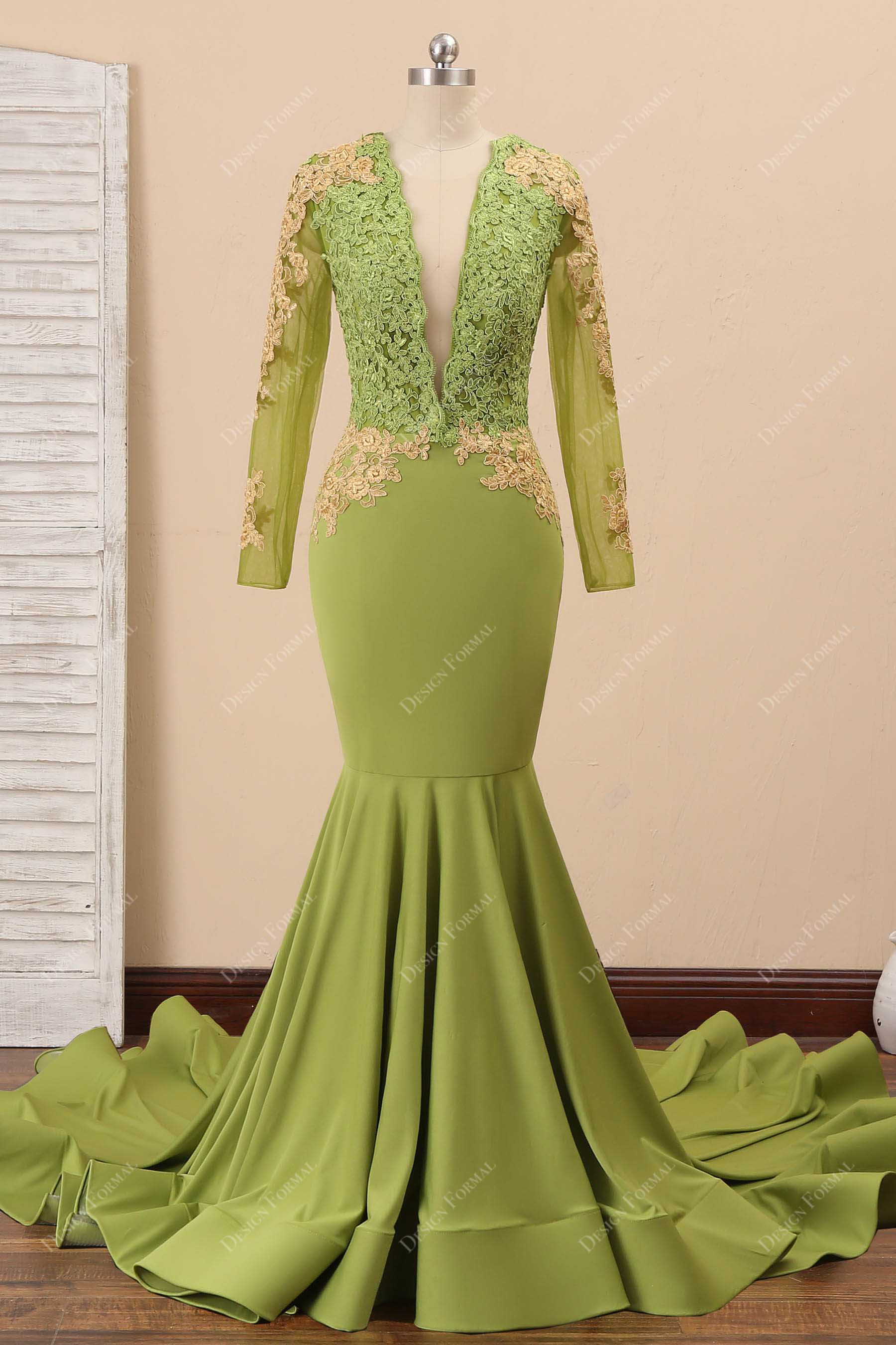 Olive Lace Plunging V-neck Jersey Mermaid Prom Dress