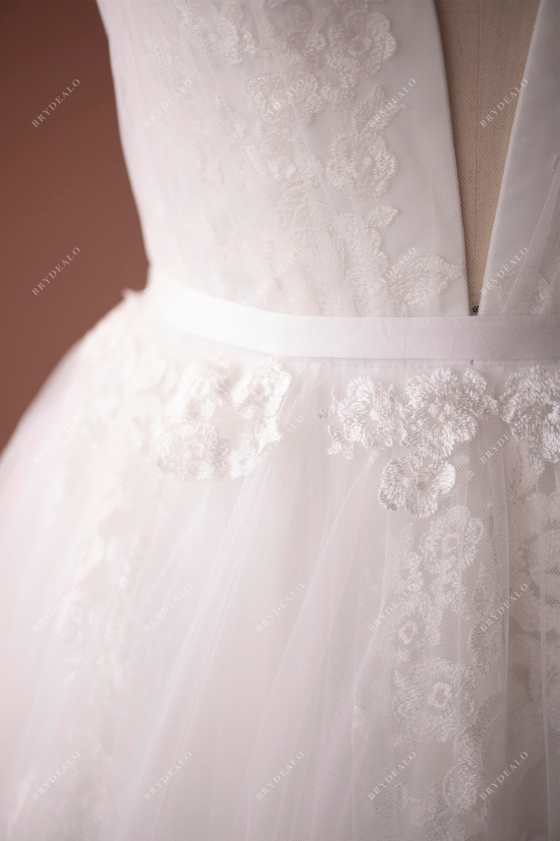 designer floral lace deep V-neck bridal gown
