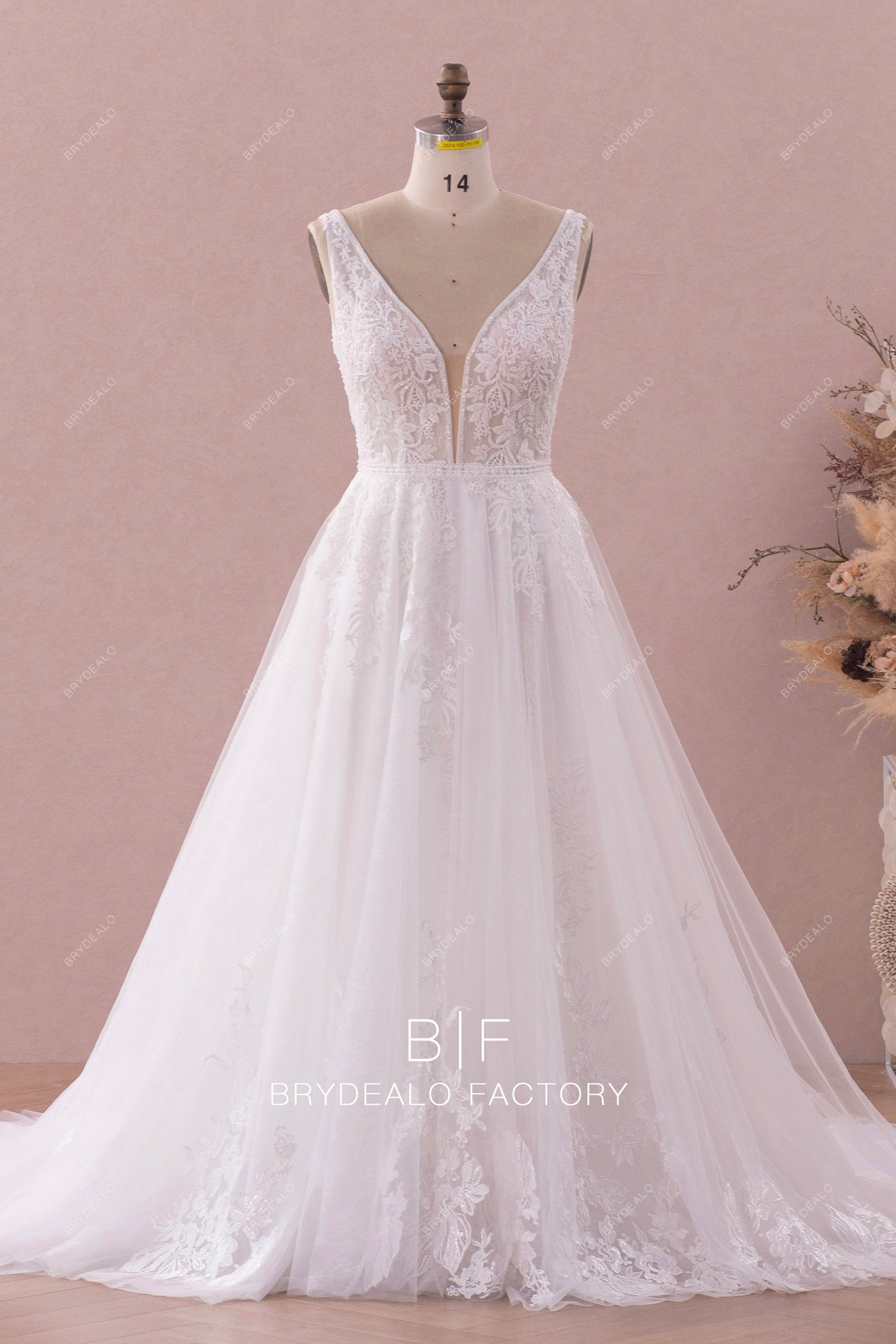 sexy plunging beaded lace A-line wedding dress