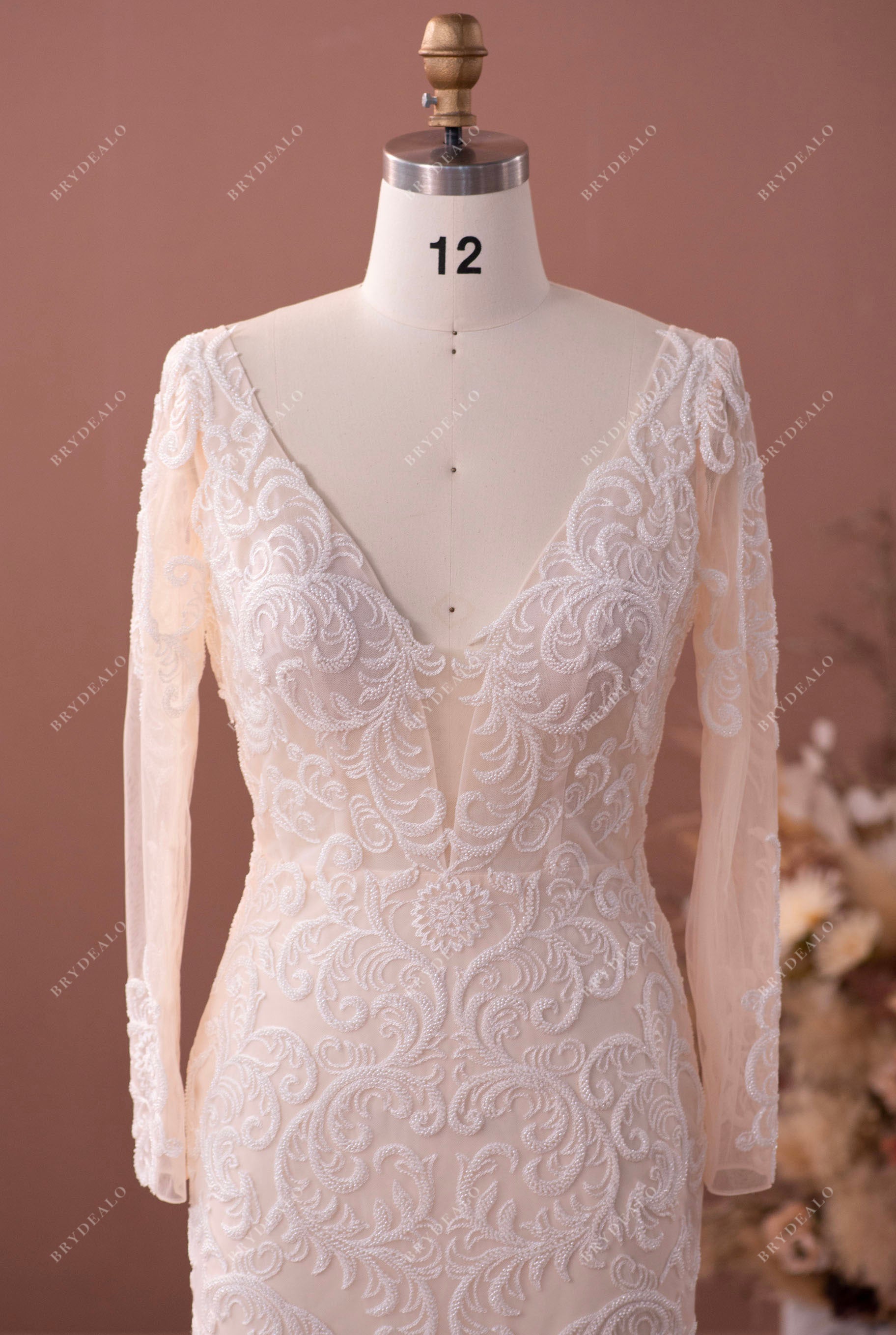 sparkly V-neck sleeves bridal gown
