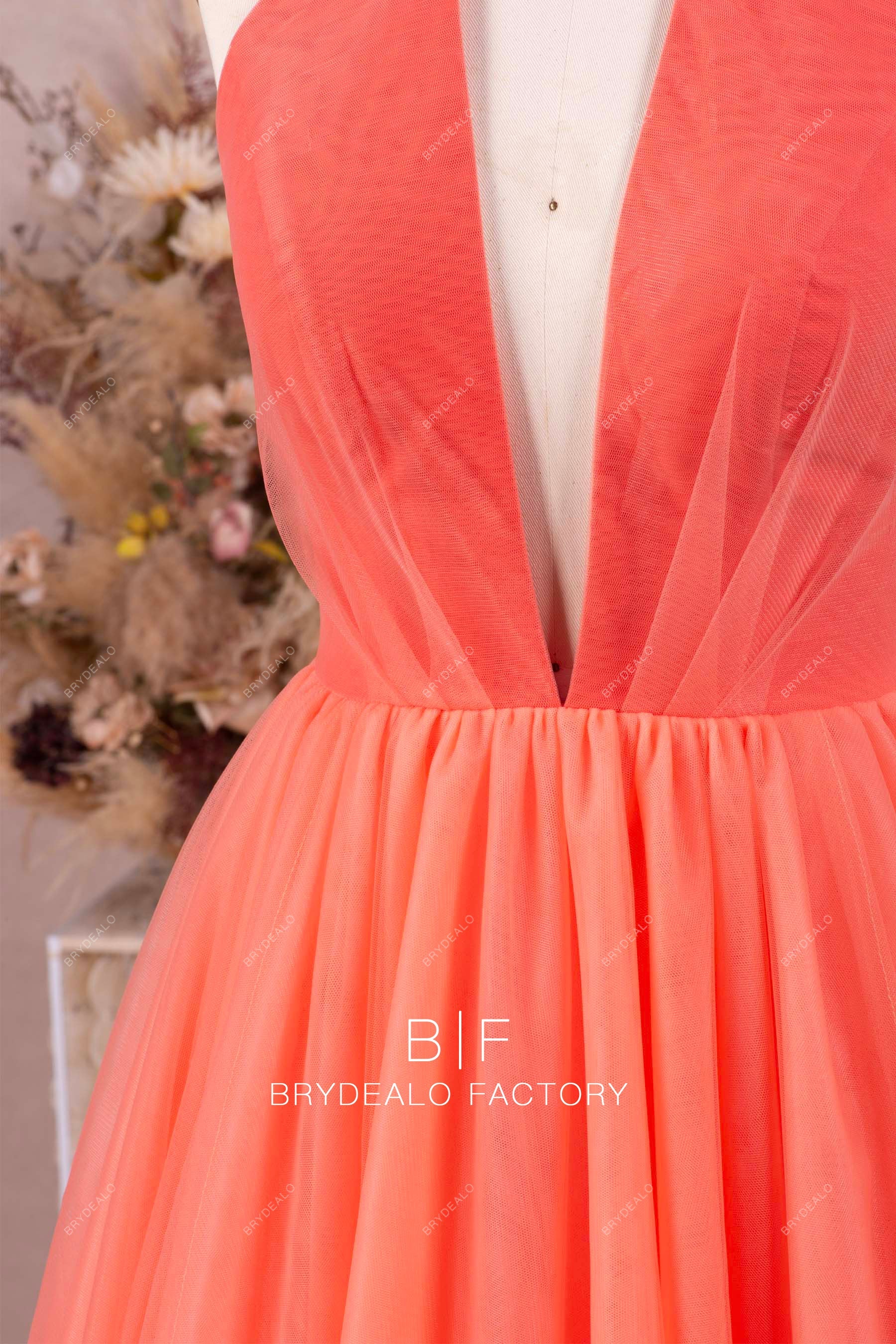 plunging neck watermelon pink A-line prom dress