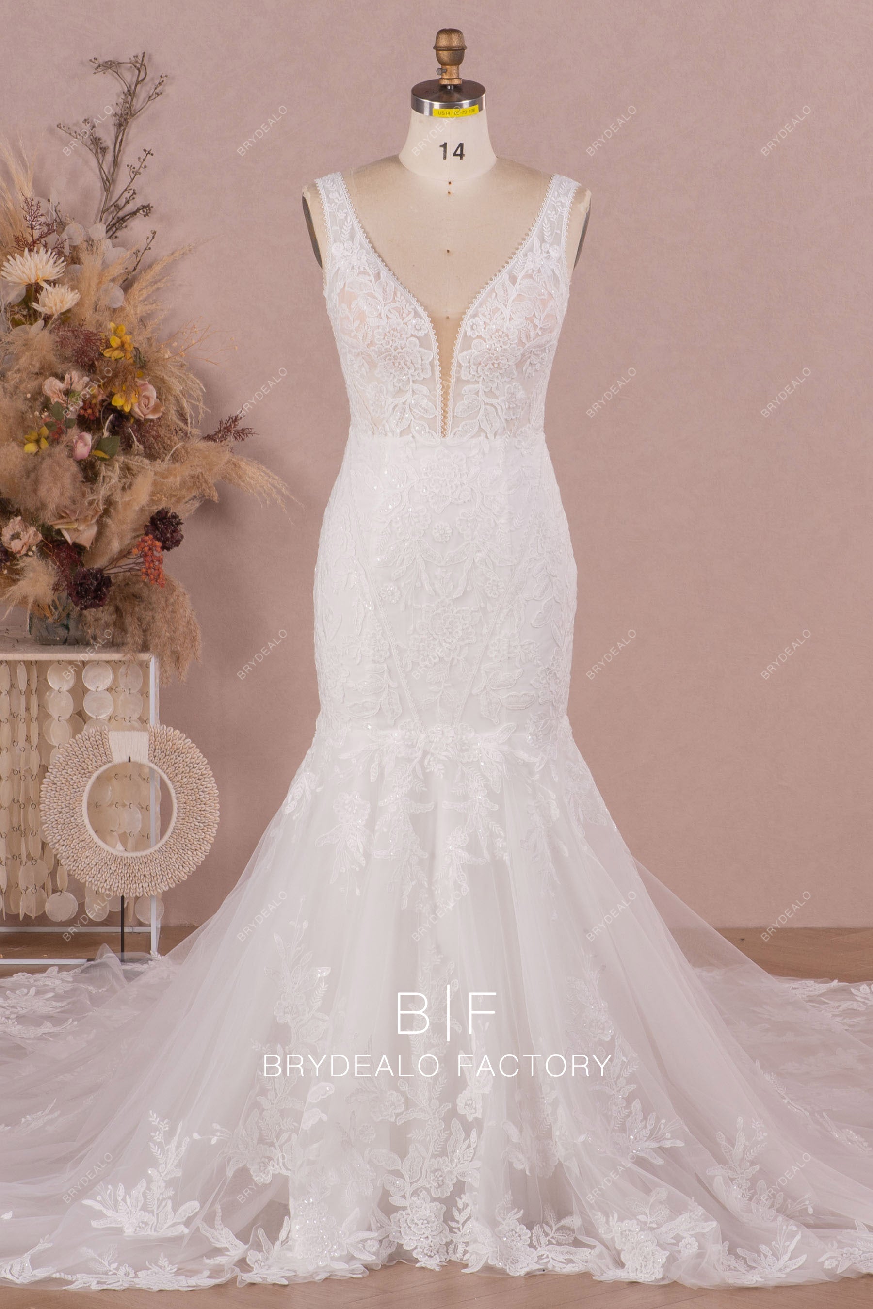plunging neck  designer lace trumpet fall wedding dress