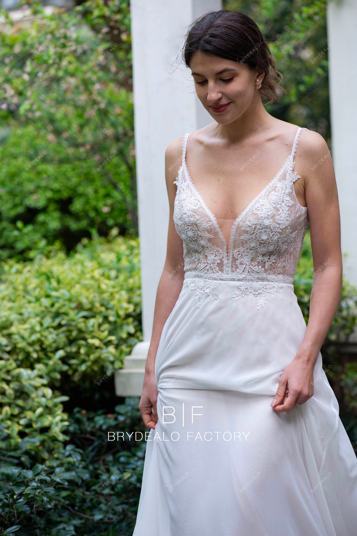 Plunging V-neck Sleeveless Whimsical Lace A-line Nude Wedding Dress