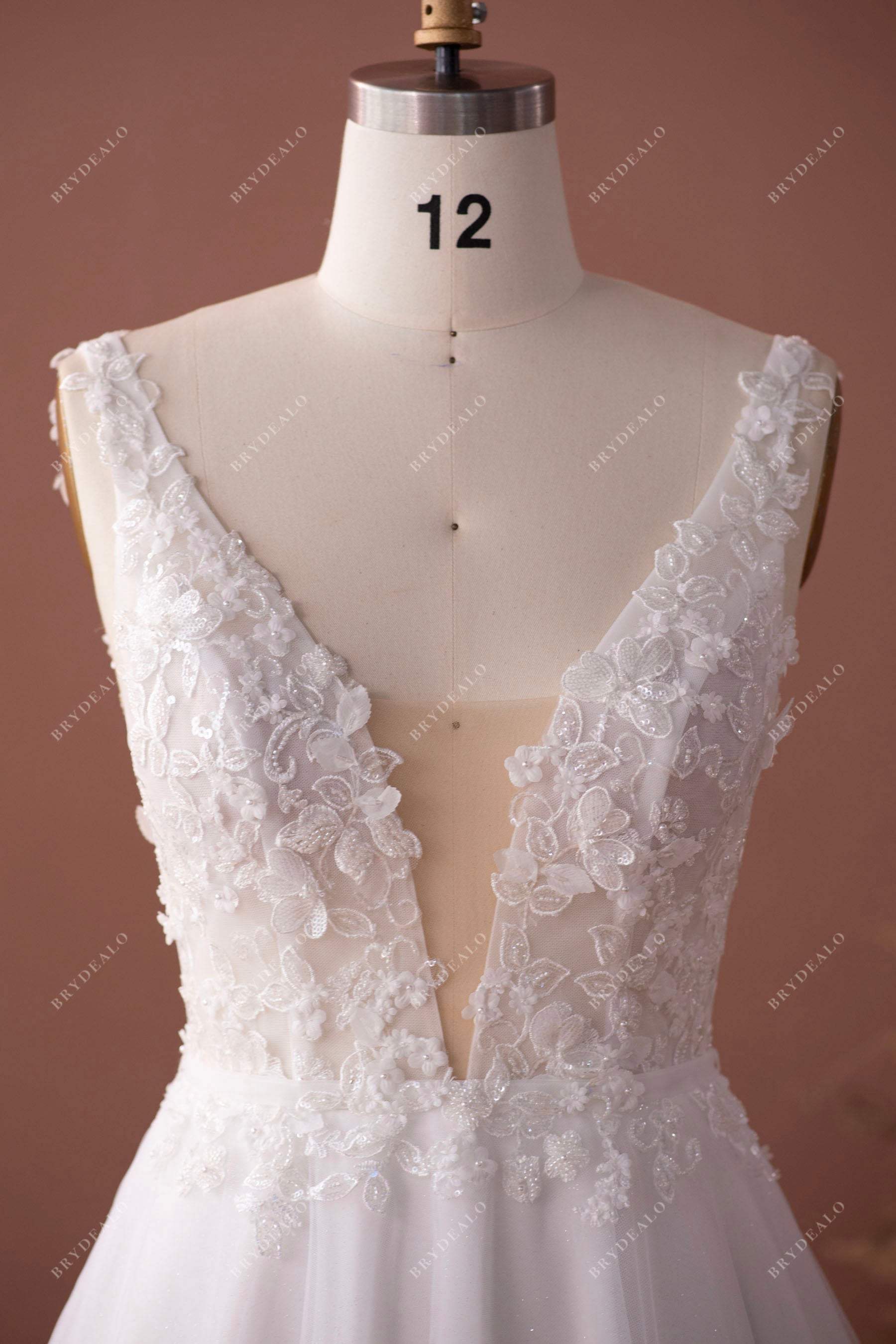 designer flower lace plunging wedding dress
